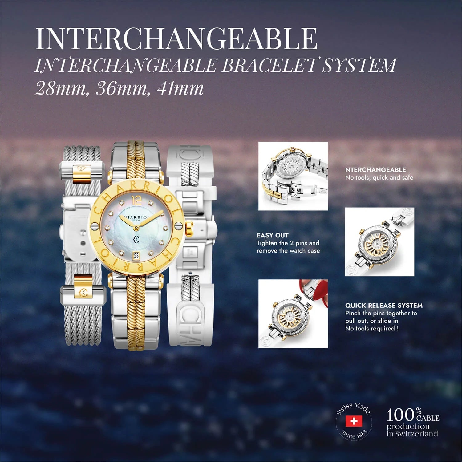 NAVIGATOR CRUISECALIBRE QUARTZ, 28MM, NACRE AVEC DIAMANT 10 DIAMANTS, 30 DIAMANTS FULL CUT avec 6 SCREWS BEZEL, BRACELET INTERCHANGEABLE EN OR JAUNE METALLIQUE PVD - Charriol Geneve - Montres