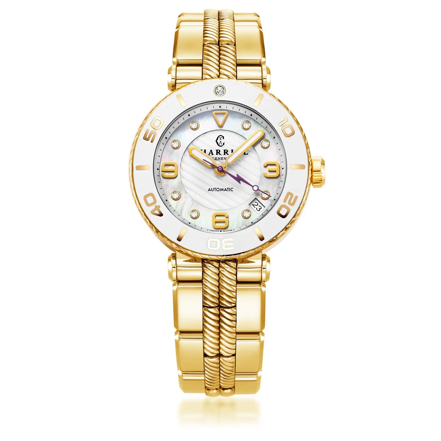 NAVIGATOR SURF, 36MM, CALIBRE AUTOMATIQUE, CADRAN BLANC, ZONE BLANCHE, BRACELET INTERCHANGEABLE PVD OR JAUNE - Charriol Geneve - Montre