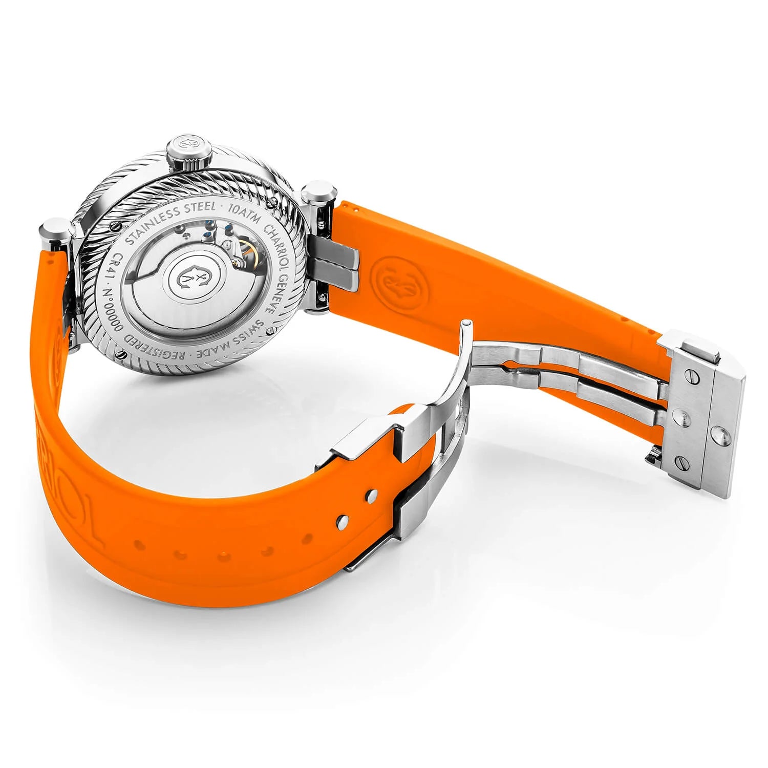 NAVIGATOR SURF, 41MM, CALIBRE AUTOMATIQUE, CADRAN LUMINOVA NOIR, BAGUE NOIRE ET ARGENT, BRACELET INTERCHANGEABLE EN CAOUTCHOUC ORANGE - © 2024 Charriol - Montre