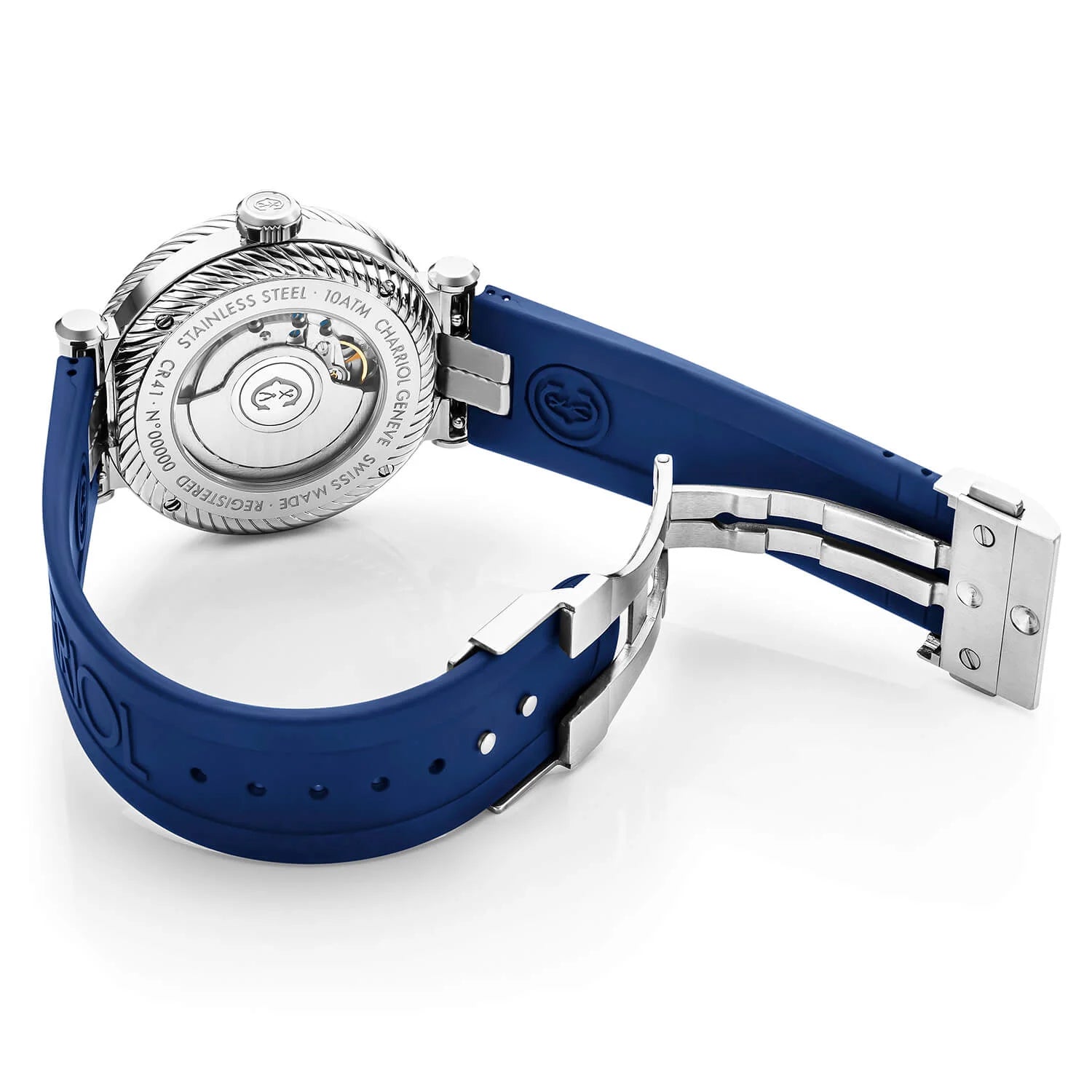 NAVIGATOR SURF, 41MM, CALIBRE AUTOMATIQUE, CADRAN LUMINOVA NOIR, BEZEL BLEU ET ARGENT, BRACELET INTERCHANGEABLE EN CAOUTCHOUC BLEU - © 2024 Charriol - Montre
