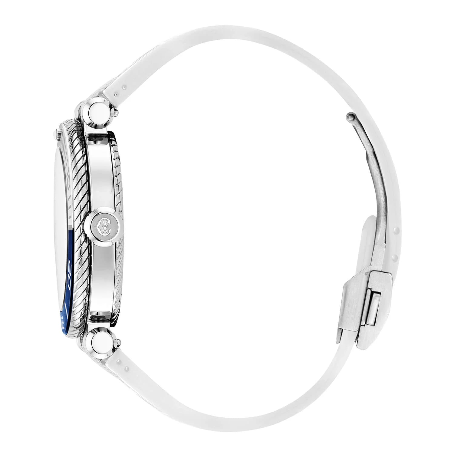 NAVIGATOR SURF, 41MM, CALIBRE AUTOMATIQUE, CADRAN LUMINOVA BLANC, BAGUE BLEUE ET BLANCHE, BRACELET INTERCHANGEABLE EN CAOUTCHOUC BLANC - © 2024 Charriol - Montre