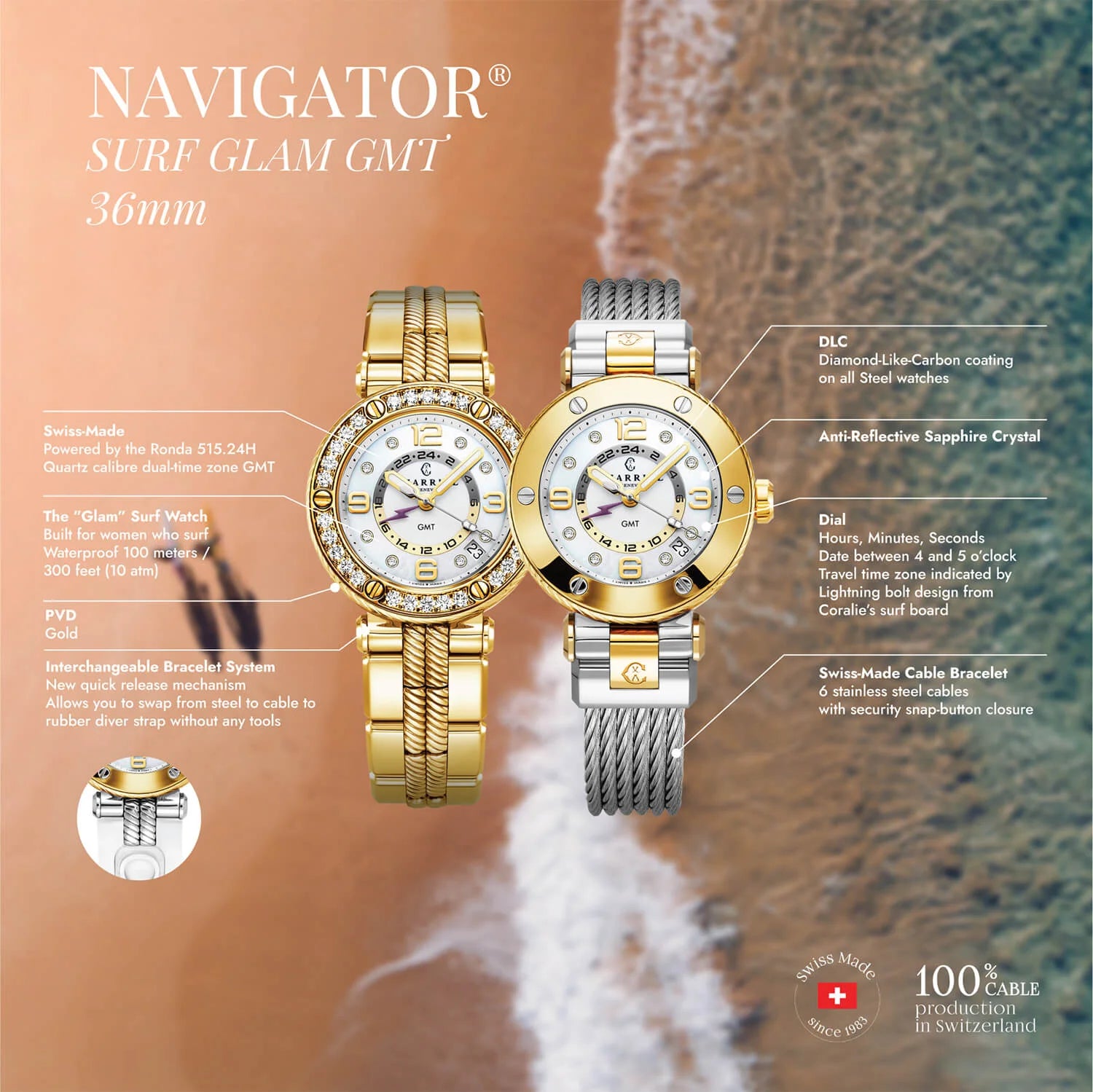 NAVIGATOR SURF GMT, 36MM, QUARTZ GMT CALIBRE, CADRAN BLANC, 30 DIAMANTS BEZEL, BRACELET INTERCHANGEABLE PVD OR JAUNE - Charriol Geneve - Montres