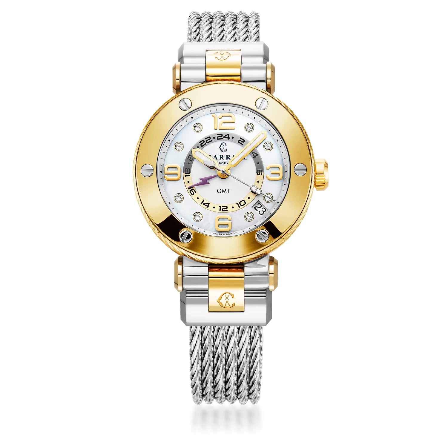 NAVIGATOR SURF GMT, 36MM, QUARTZ GMT CALIBRE, CADRAN BLANC, 6 SCREWS BEZEL, STEEL CABLE INTERCHANGEABLE BRACELET - Charriol Geneve - Montres