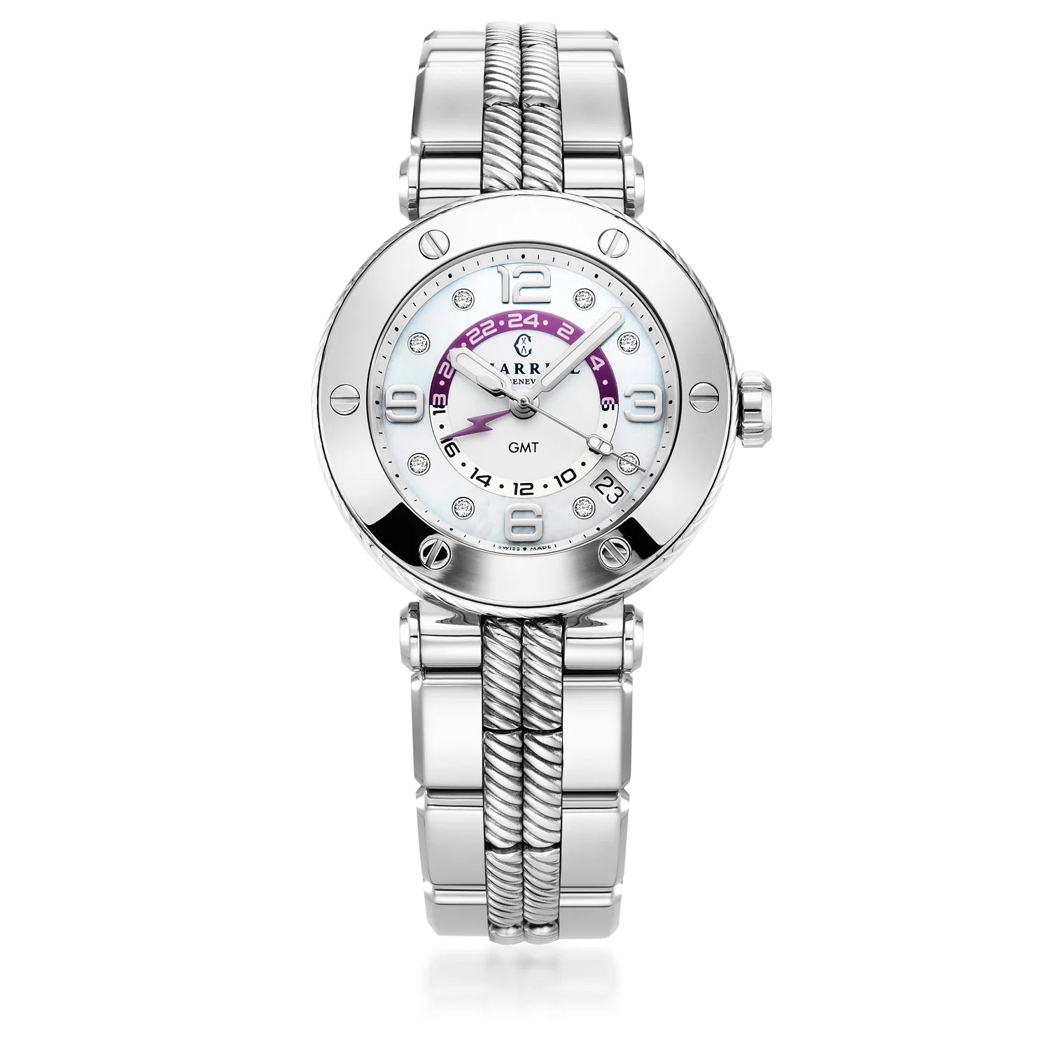 NAVIGATOR SURF GMT, 36MM, QUARTZ GMT CALIBRE, CADRAN BLANC, 6 SCREWS BEZEL, BRACELET INTERCHANGEABLE ACIER - Charriol Geneve - Montres