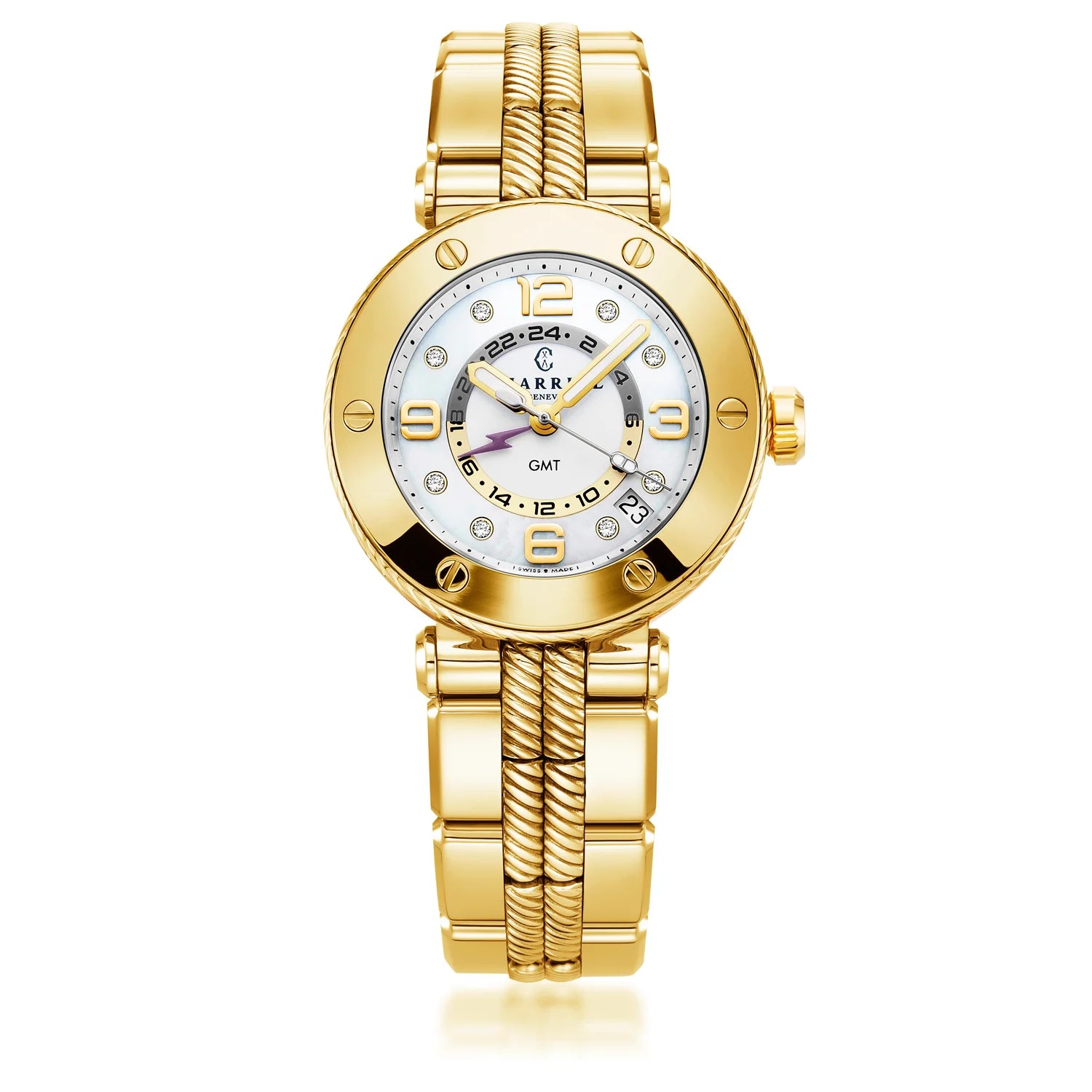 NAVIGATOR SURF GMT, 36MM, QUARTZ GMT CALIBRE, CADRAN BLANC, 6 SCREWS BEZEL, BRACELET INTERCHANGEABLE ACIER OR JAUNE PVD - Charriol Geneve - Montres