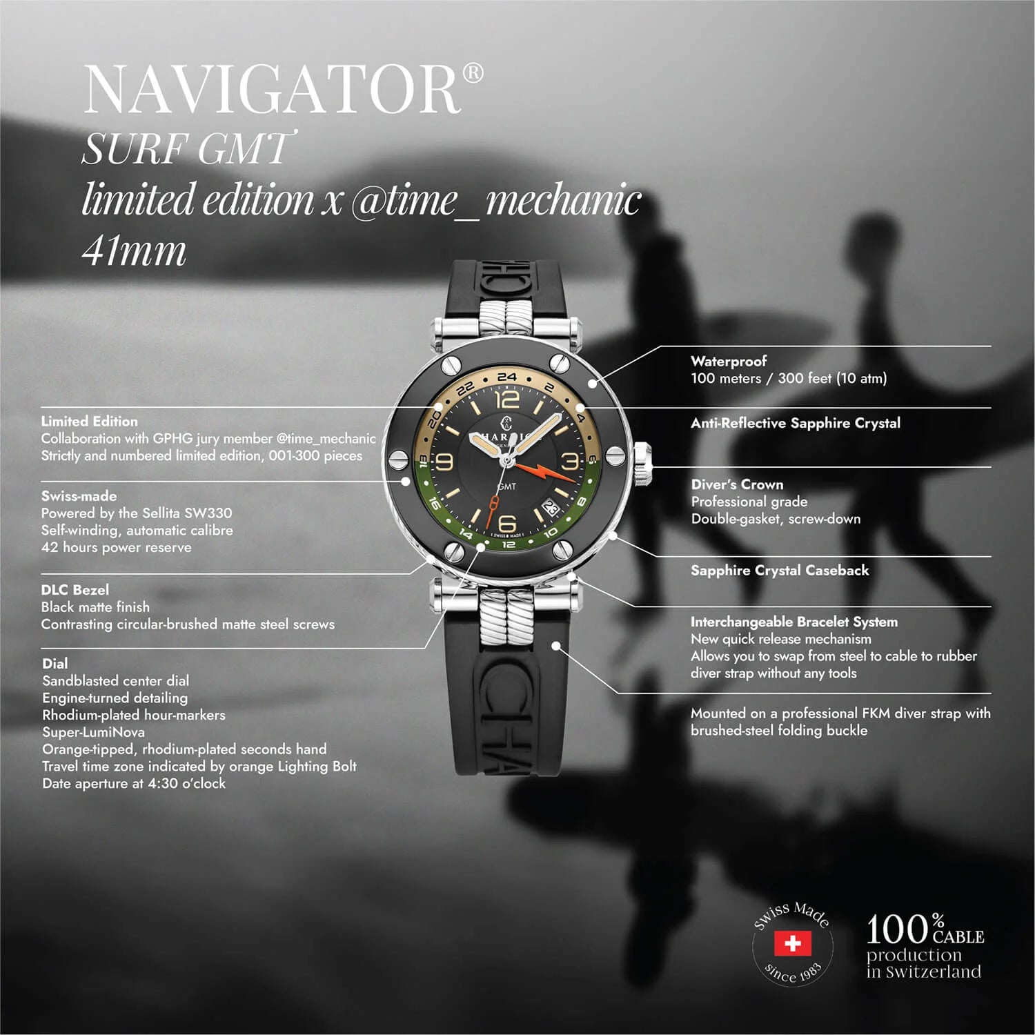 NAVIGATOR SURF GMT, 41MM, CALIBRE AUTOMATIQUE, CADRAN NOIR, ZONE 6 SCREWS, BRACELET INTERCHANGEABLE EN CAOUTCHOUC NOIR, Edition limitée x @time_mechanic - Charriol Geneve - Montre
