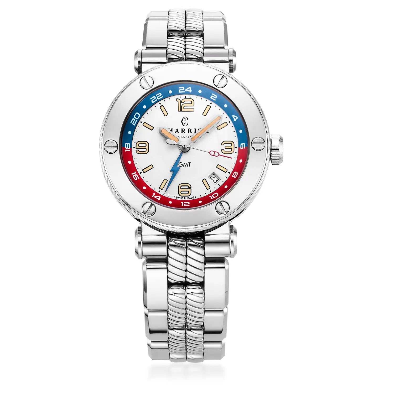 NAVIGATOR SURF GMT, 41MM, CALIBRE AUTOMATIQUE, CADRAN BLANC, 6 SCREWS BEZEL, BRACELET INTERCHANGEABLE ACIER - Charriol Geneve - Montre