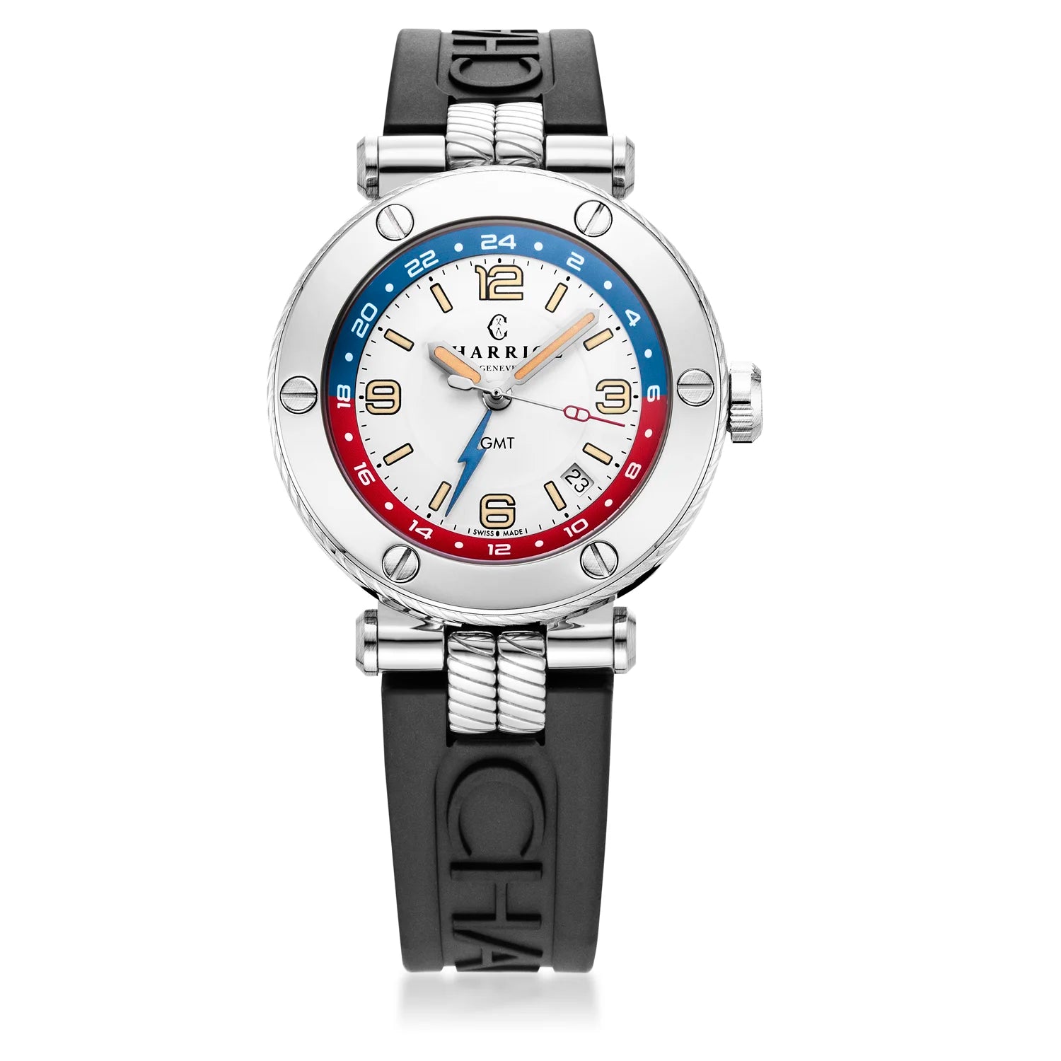 NAVIGATOR SURF GMT, 41MM, CALIBRE AUTOMATIQUE, CADRAN BLANC, ZONE 6 SCREWS, BRACELET INTERCHANGEABLE EN CAOUTCHOUC NOIR - Charriol Geneve - Montres