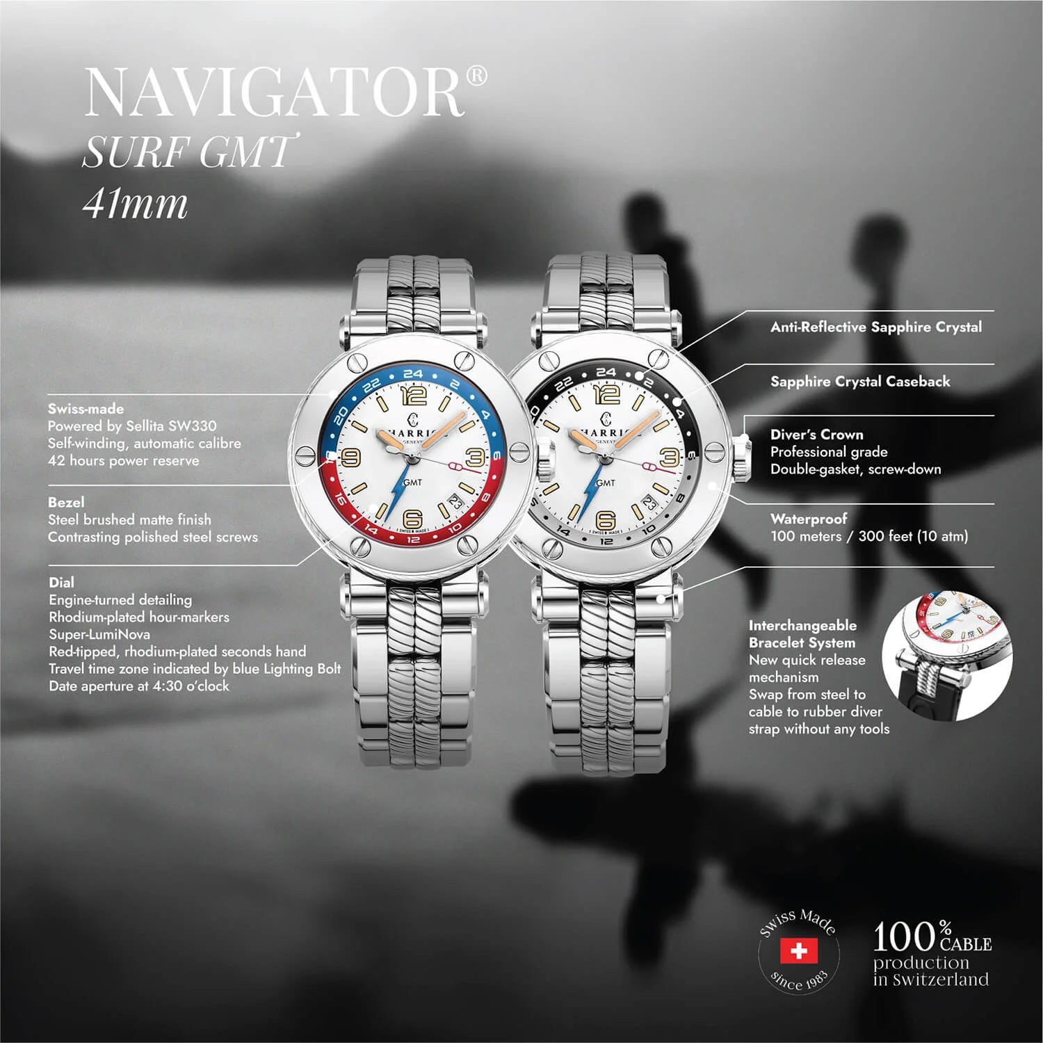 NAVIGATOR SURF GMT, 41MM, CALIBRE AUTOMATIQUE, CADRAN BLANC, 6 SCREWS BEZEL, BRACELET INTERCHANGEABLE ACIER - Charriol Geneve - Montre