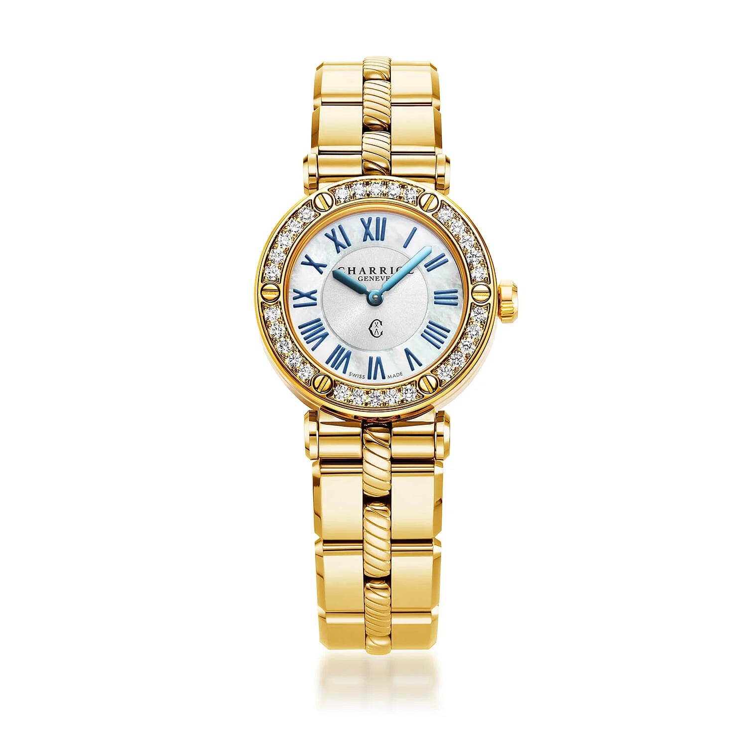 NAVIGATOR CRUISE, 28MM, QUARTZ CALIBRE, WHITE MOTHER-OF-PEARL WITH 12 ROMAN FIGURES DIAL, STEEL YELLOW GOLD PVD WITH 30 DIAMONDS WITH 6 SCREWS BEZEL, METAL YELLOW GOLD PVD INTERCHANGEABLE BRACELET - © 2024 Charriol - Watch