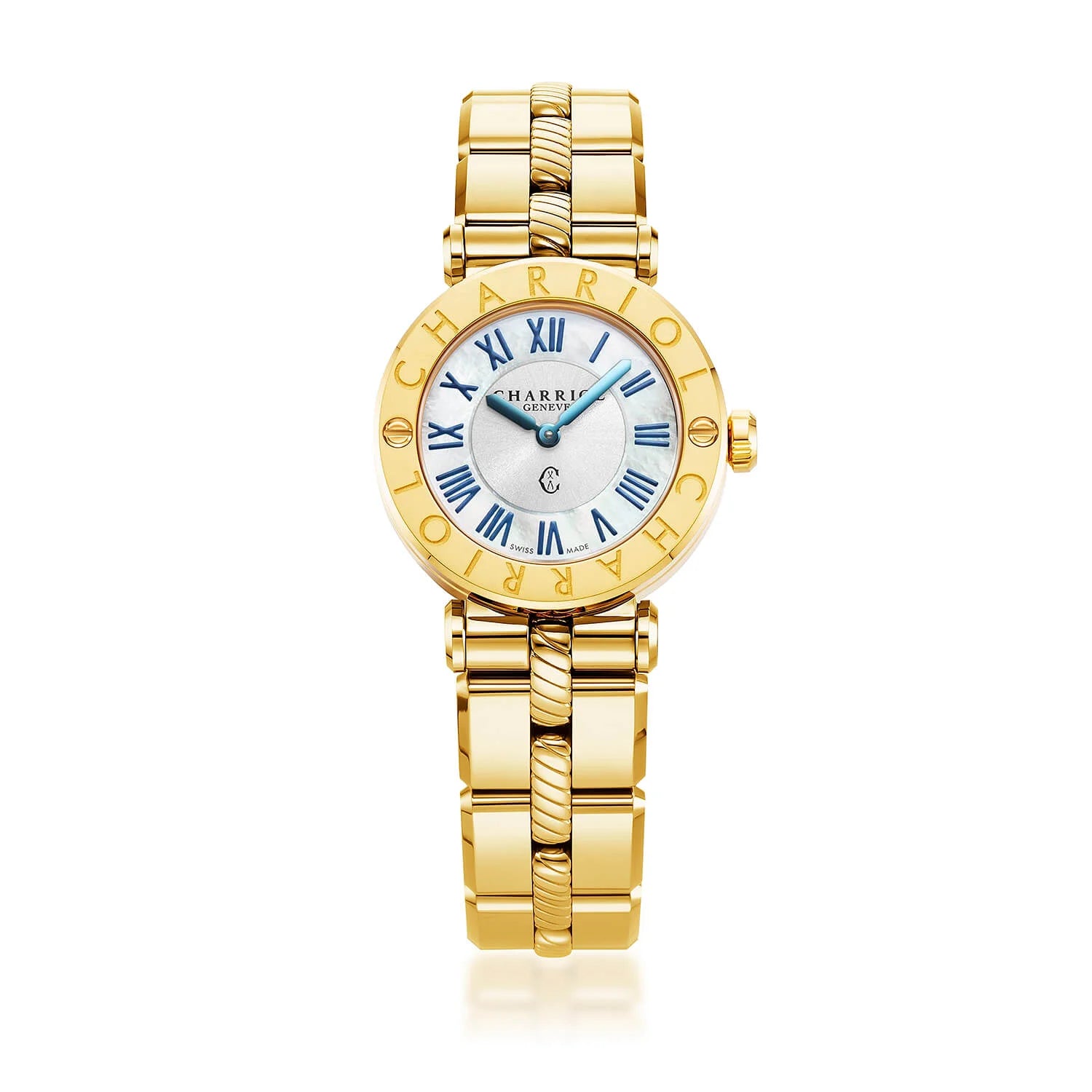 NAVIGATOR CRUISE, 28MM, QUARTZ CALIBRE, WHITE MOTHER-OF-PEARL WITH 12 ROMAN FIGURES DIAL, STEEL YELLOW GOLD PVD "CHARRIOL CHARRIOL" WITH 2 SCREWS BEZEL, METAL YELLOW GOLD PVD INTERCHANGEABLE BRACELET - © 2024 Charriol - Watch