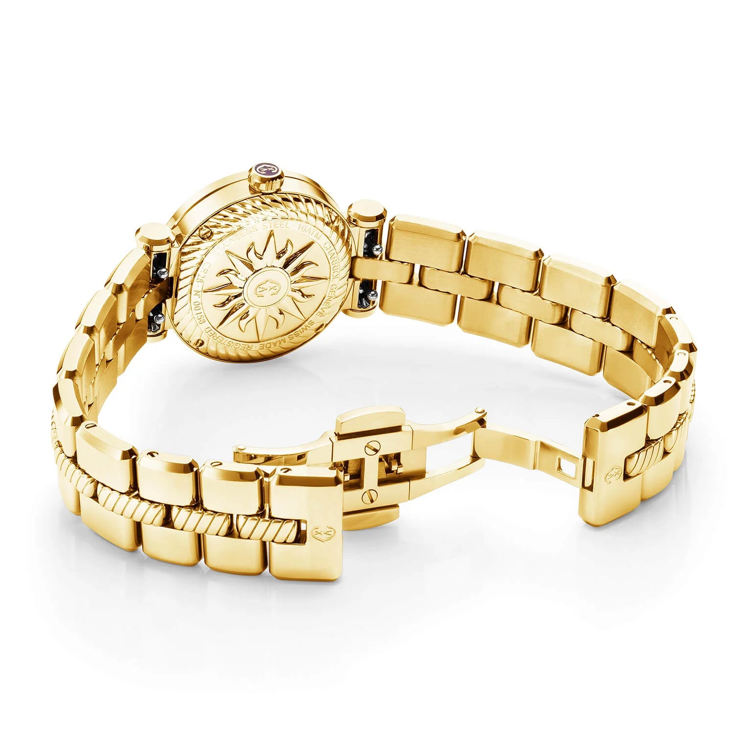 NAVIGATOR CRUISE, 28MM, QUARTZ CALIBRE, WHITE MOTHER-OF-PEARL WITH 12 ROMAN FIGURES DIAL, STEEL YELLOW GOLD PVD "CHARRIOL CHARRIOL" WITH 2 SCREWS BEZEL, METAL YELLOW GOLD PVD INTERCHANGEABLE BRACELET - © 2024 Charriol - Watch