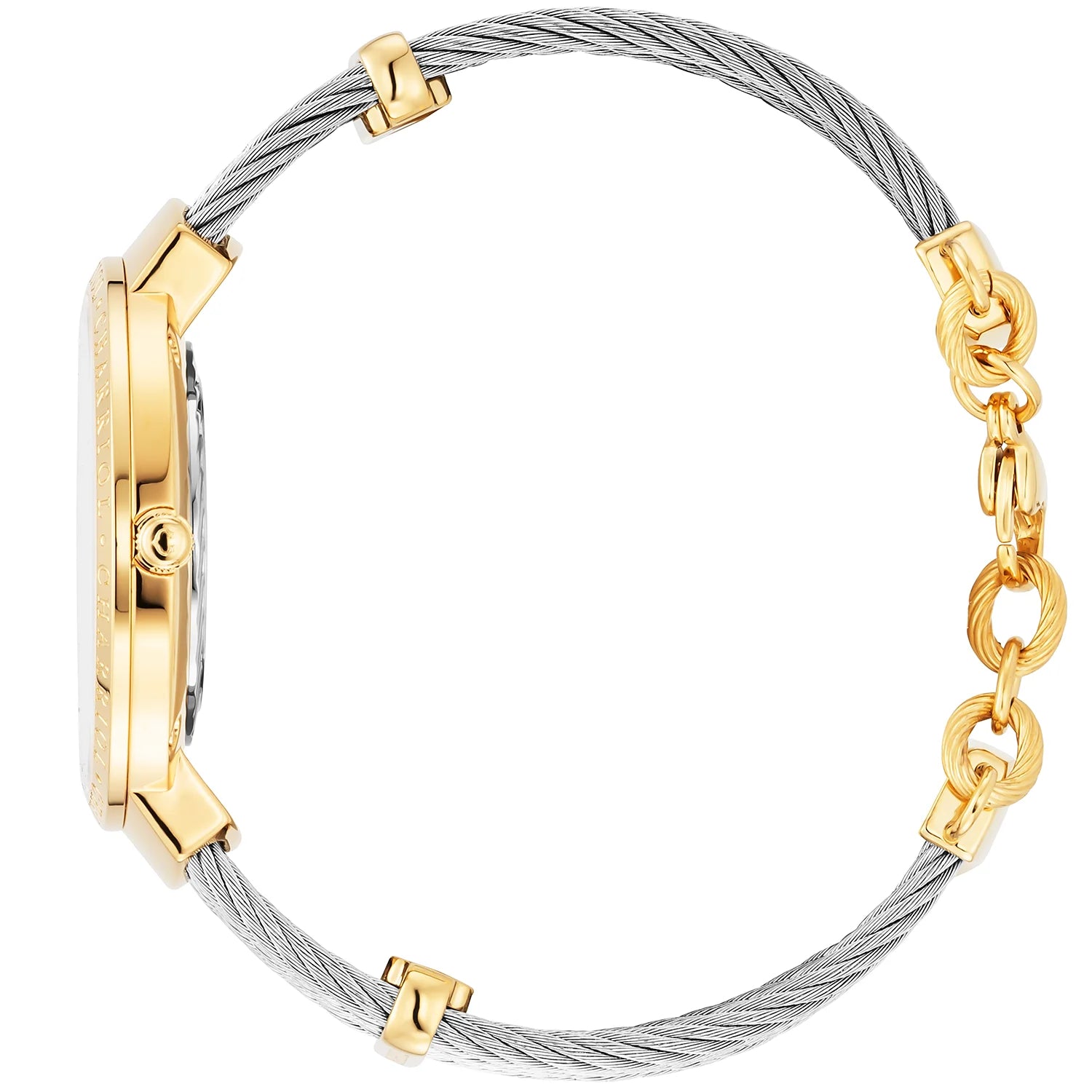 SLIM, 34MM, QUARTZ CALIBRE, WHITE MOTHER-OF-PEARL DIAL, STEEL YELLOW GOLD PVD "CHARRIOL CHARRIOL" BEZEL, STEEL CABLE BRACELET - ©2025 Philippe Charriol International Ltd. - Watch