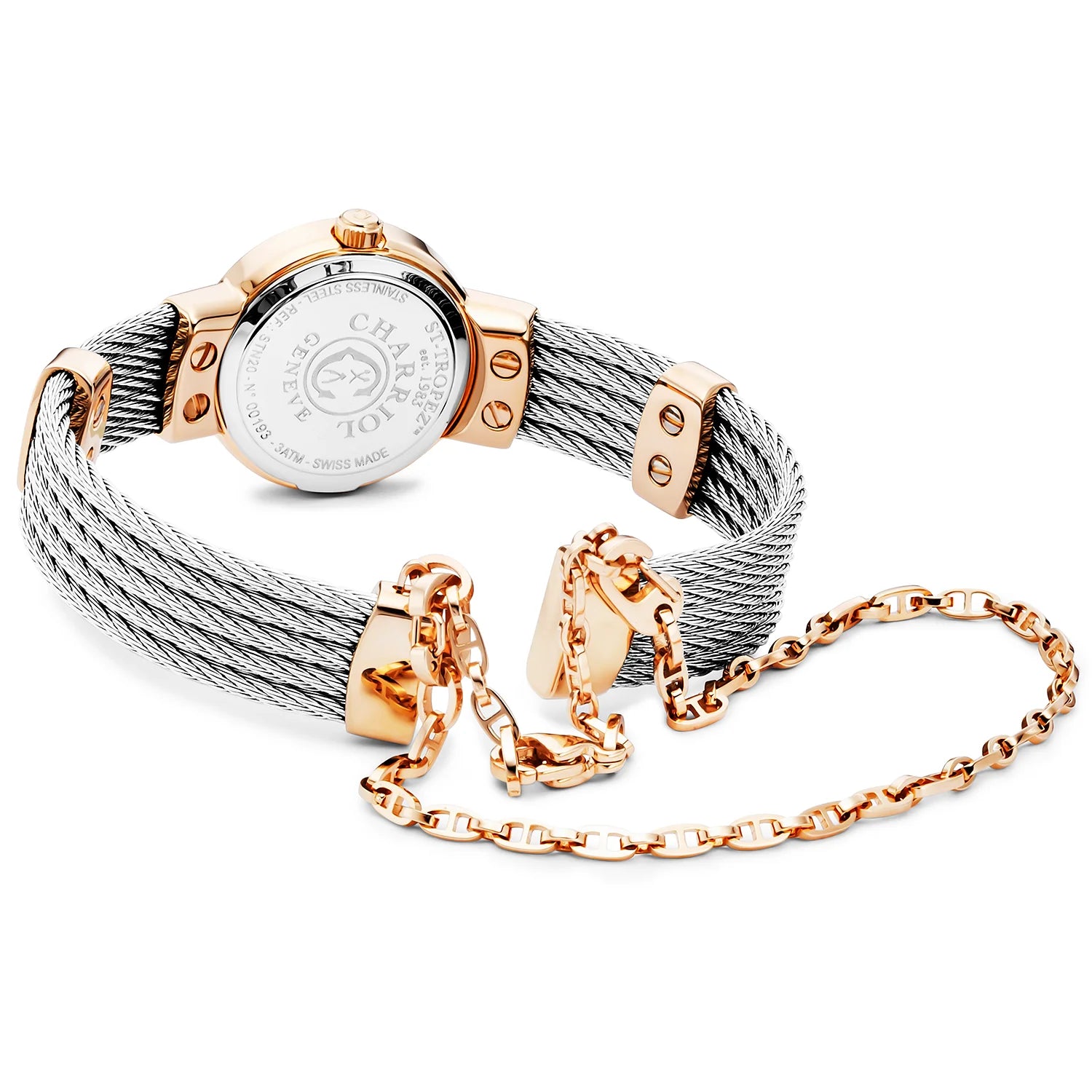 ST TROPEZ20MM, CALIBRE QUARTZ, CADRAN NACRE, PVD OR ROSE ACIER AVEC 24 DIAMANTS, BRACELET CABLE ACIER - Charriol Geneve - Montres