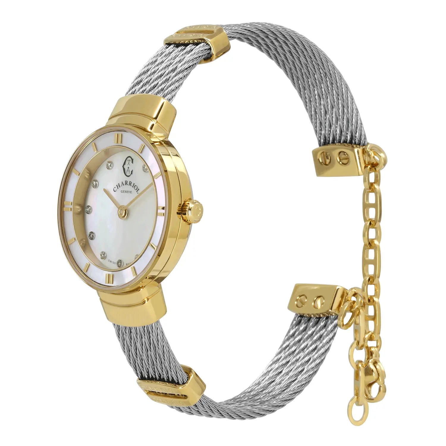 ST TROPEZCALIBRE QUARTZ, NACRE AVEC 11 DIAMANTS, BEZEL PVD OR JAUNE, BRACELET CABLE ACIER, 25MM - Charriol Geneve - Montres