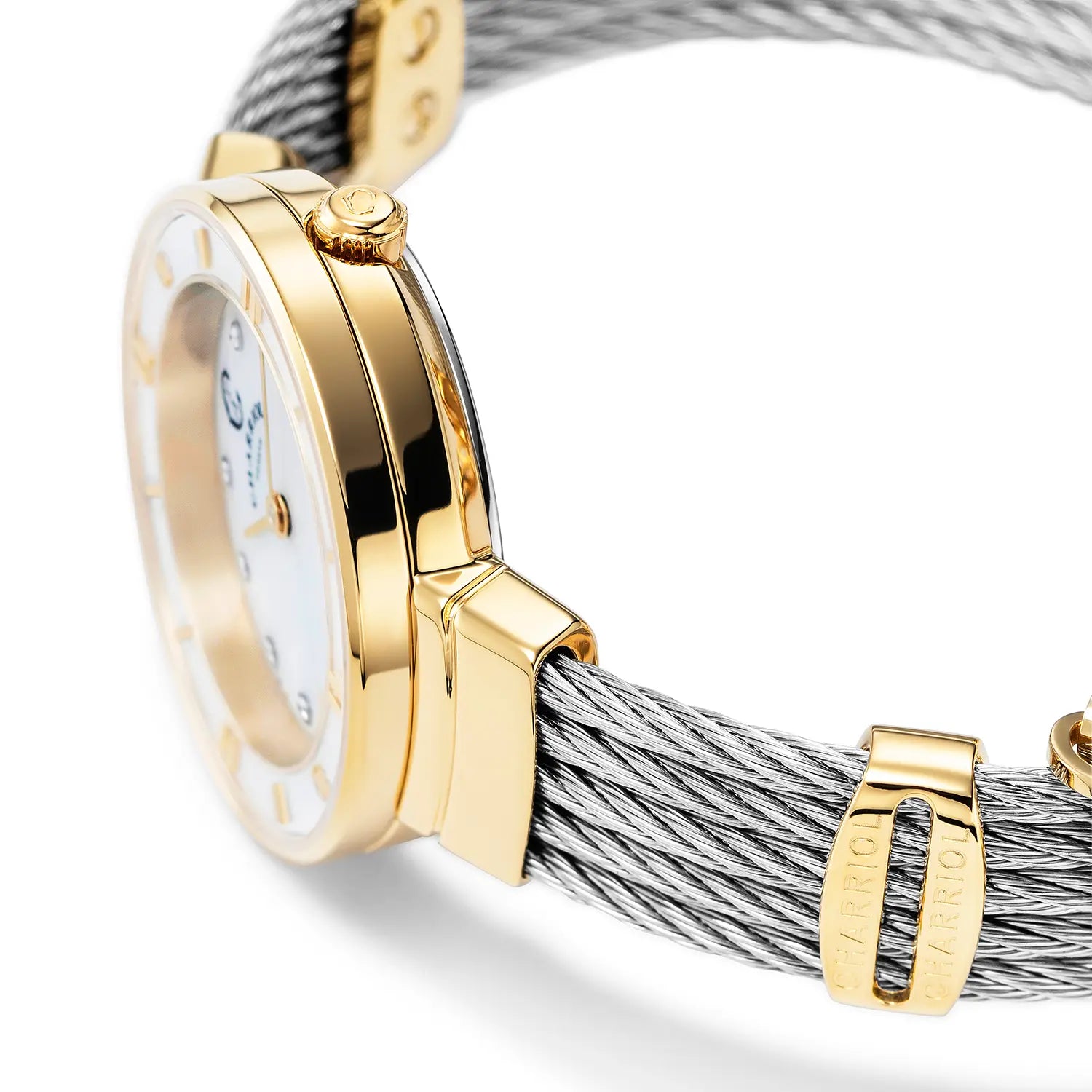 ST TROPEZCALIBRE QUARTZ, NACRE AVEC 11 DIAMANTS, BEZEL PVD OR JAUNE, BRACELET CABLE ACIER, 25MM - Charriol Geneve - Montres