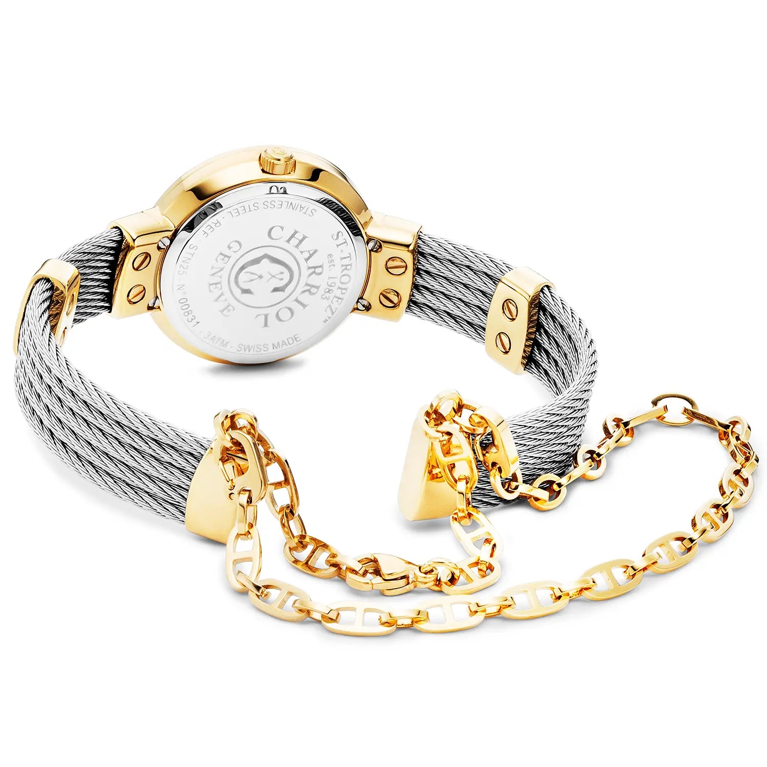 ST TROPEZCALIBRE QUARTZ, NACRE AVEC 11 DIAMANTS, BEZEL PVD OR JAUNE, BRACELET CABLE ACIER, 25MM - Charriol Geneve - Montres
