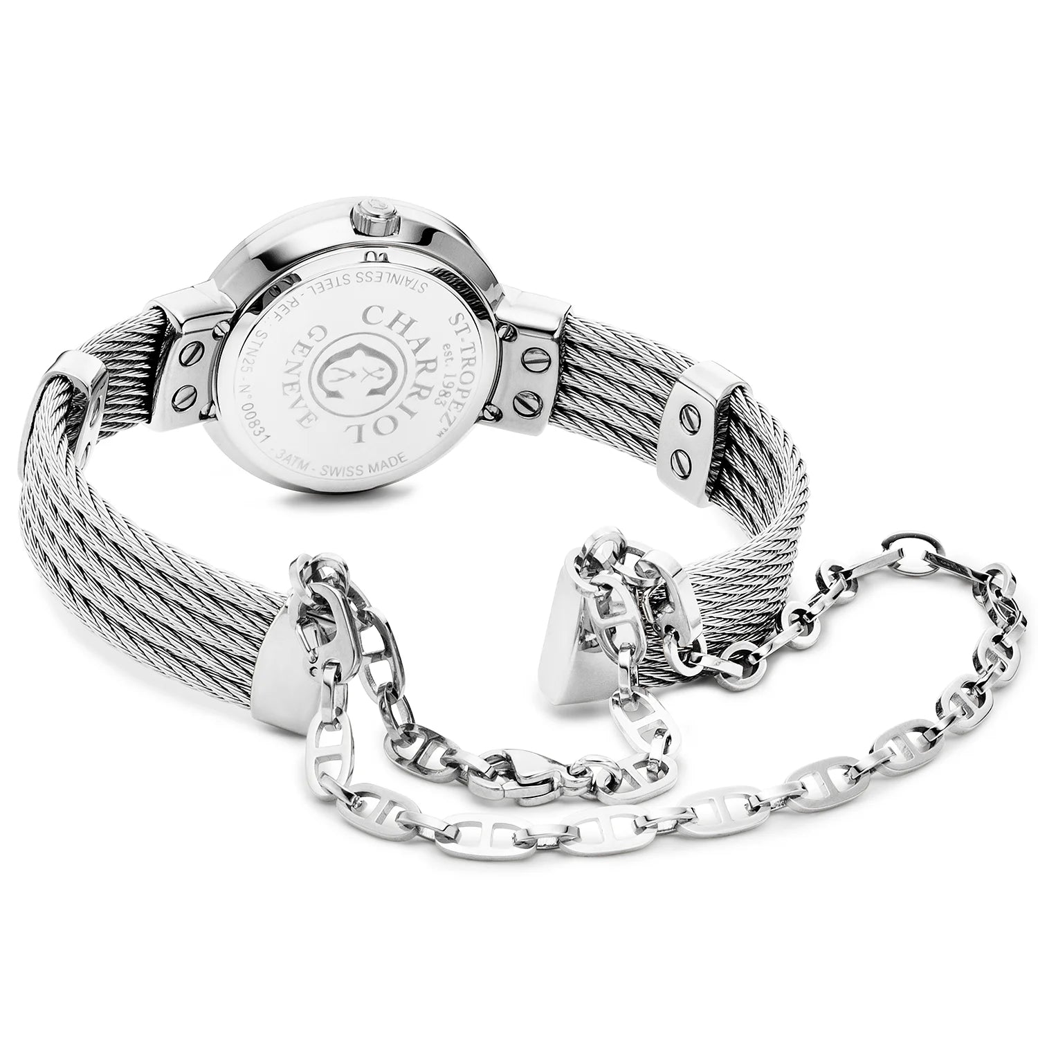 ST TROPEZ, 25MM, CALIBRE QUARTZ, NACRE BLANCHE AVEC CADRAN LUMINESCENT "LOVE", NACRE BLANCHE AVEC 8 DIAMANTS, BRACELET CABLE ACIER - Charriol Geneve - Montres