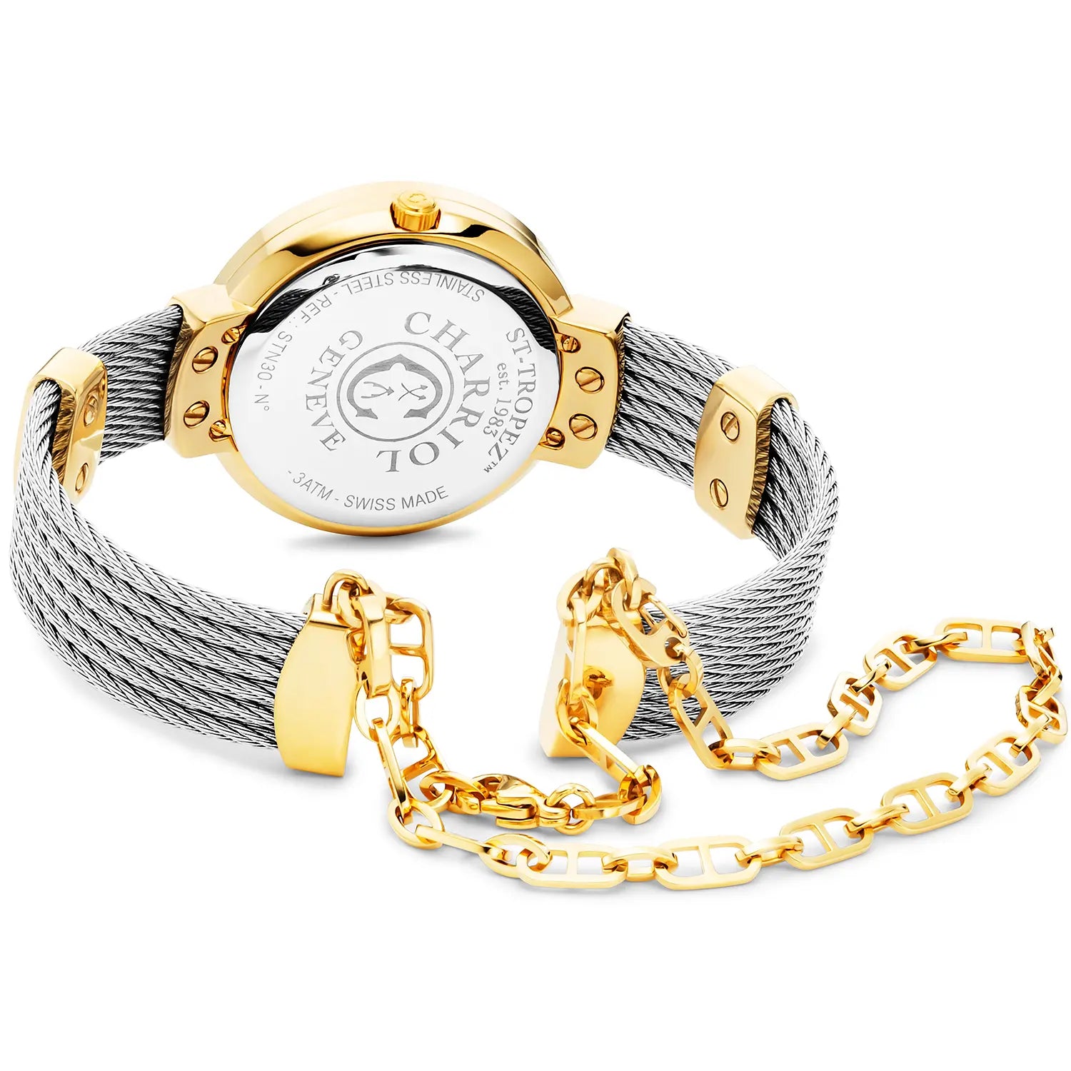 ST TROPEZ30MM, CALIBRE QUARTZ, CADRAN NACRE, BEZEL "CHARRIOL CHARRIOL ", BRACELET CABLE ACIER - Charriol Geneve - Montres