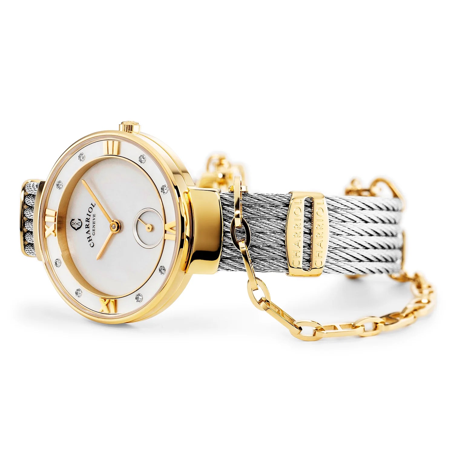 ST TROPEZ30MM, CALIBRE QUARTZ, CADRAN EN NACRE, NACRE AVEC 8 DIAMANTS, BRACELET CABLE ACIER - Charriol Geneve - Montres