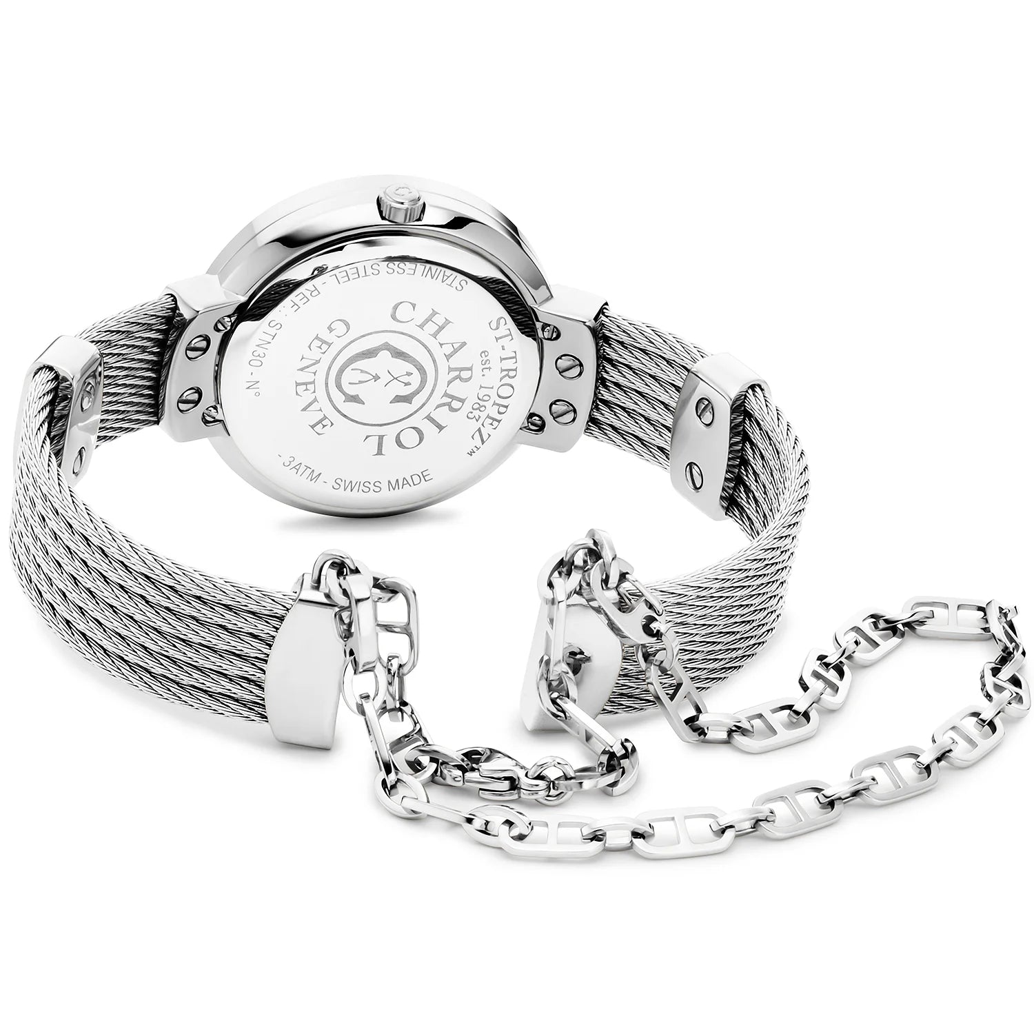 ST TROPEZ30MM, CALIBRE QUARTZ, CADRAN NACRE, BEZEL ACIER AVEC 6 DIAMANTS, BRACELET CABLE ACIER - Charriol Geneve - Montres