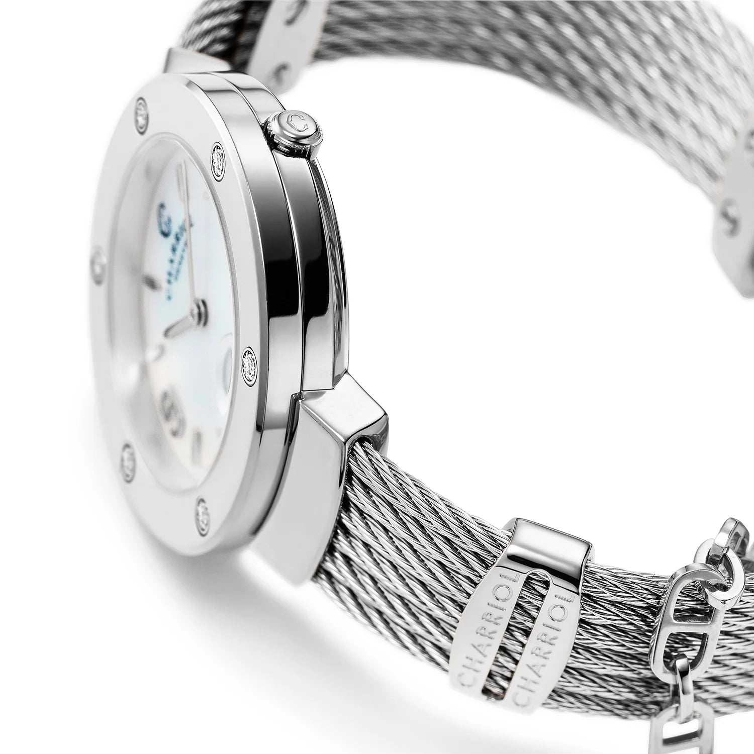 ST TROPEZ30MM, CALIBRE QUARTZ, CADRAN NACRE, BEZEL ACIER AVEC 6 DIAMANTS, BRACELET CABLE ACIER - Charriol Geneve - Montres