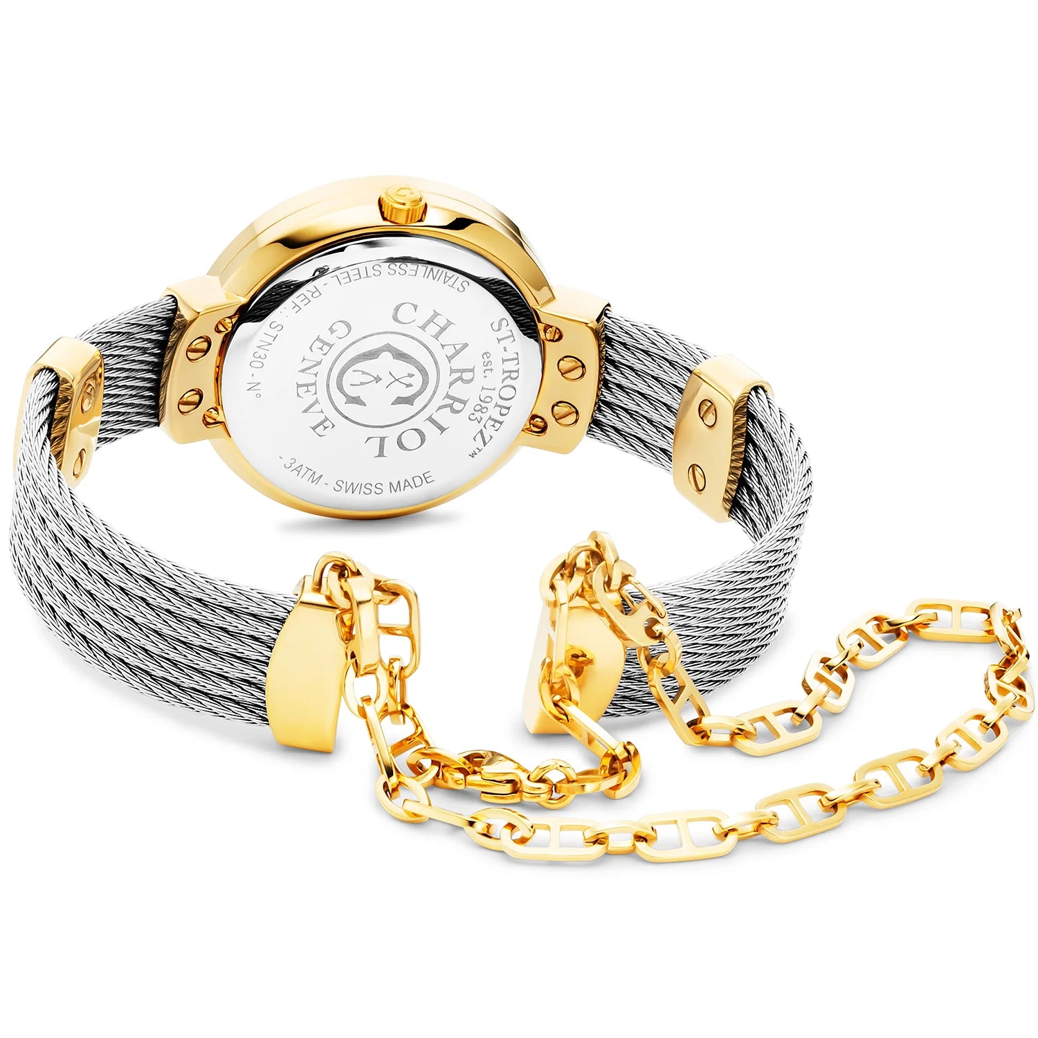 ST TROPEZ30MM, CALIBRE QUARTZ, CADRAN NACRE, PVD OR JAUNE AVEC 6 DIAMANTS, BRACELET CABLE ACIER - Charriol Geneve - Montres