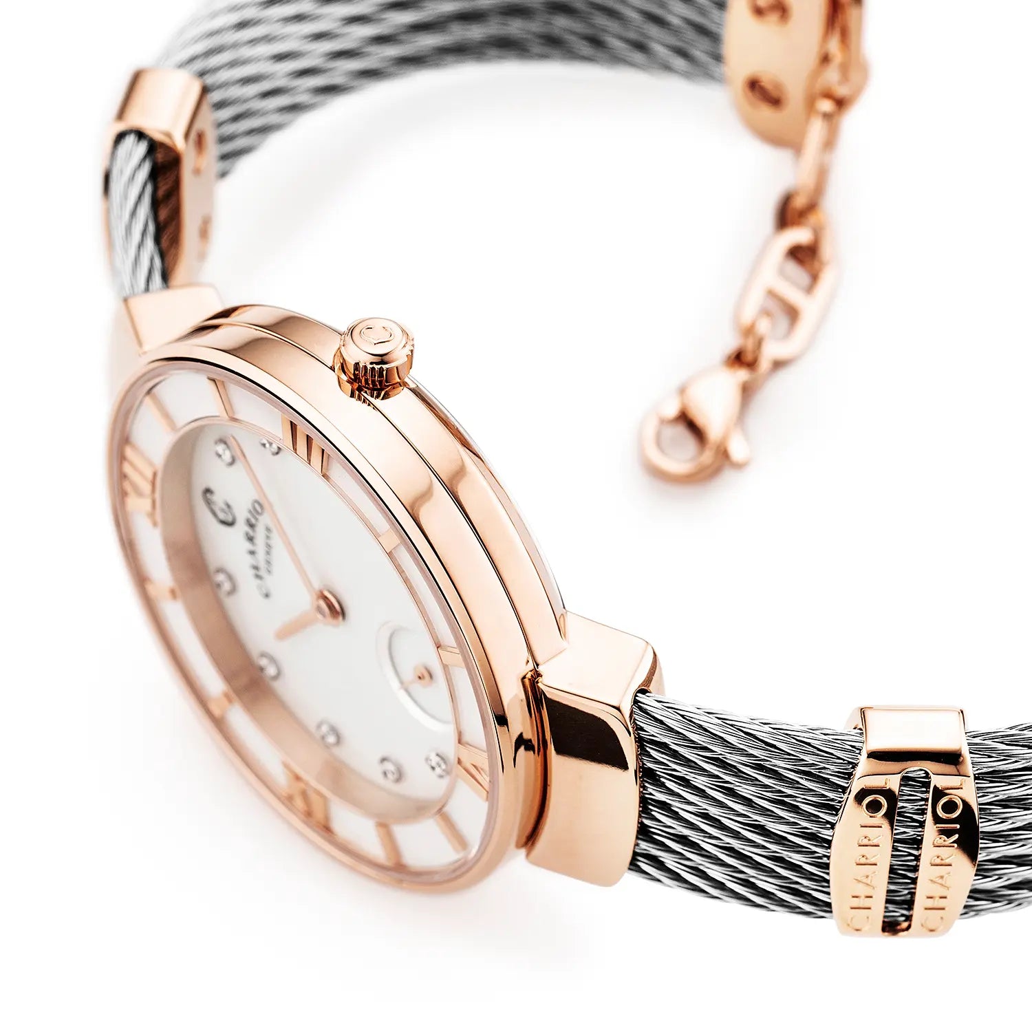 ST TROPEZ30MM, CALIBRE QUARTZ, NACRE AVEC DIAMANT 10 DIAMANTS, BEZEL NACRE, BRACELET CABLE ACIER - Charriol Geneve - Montres