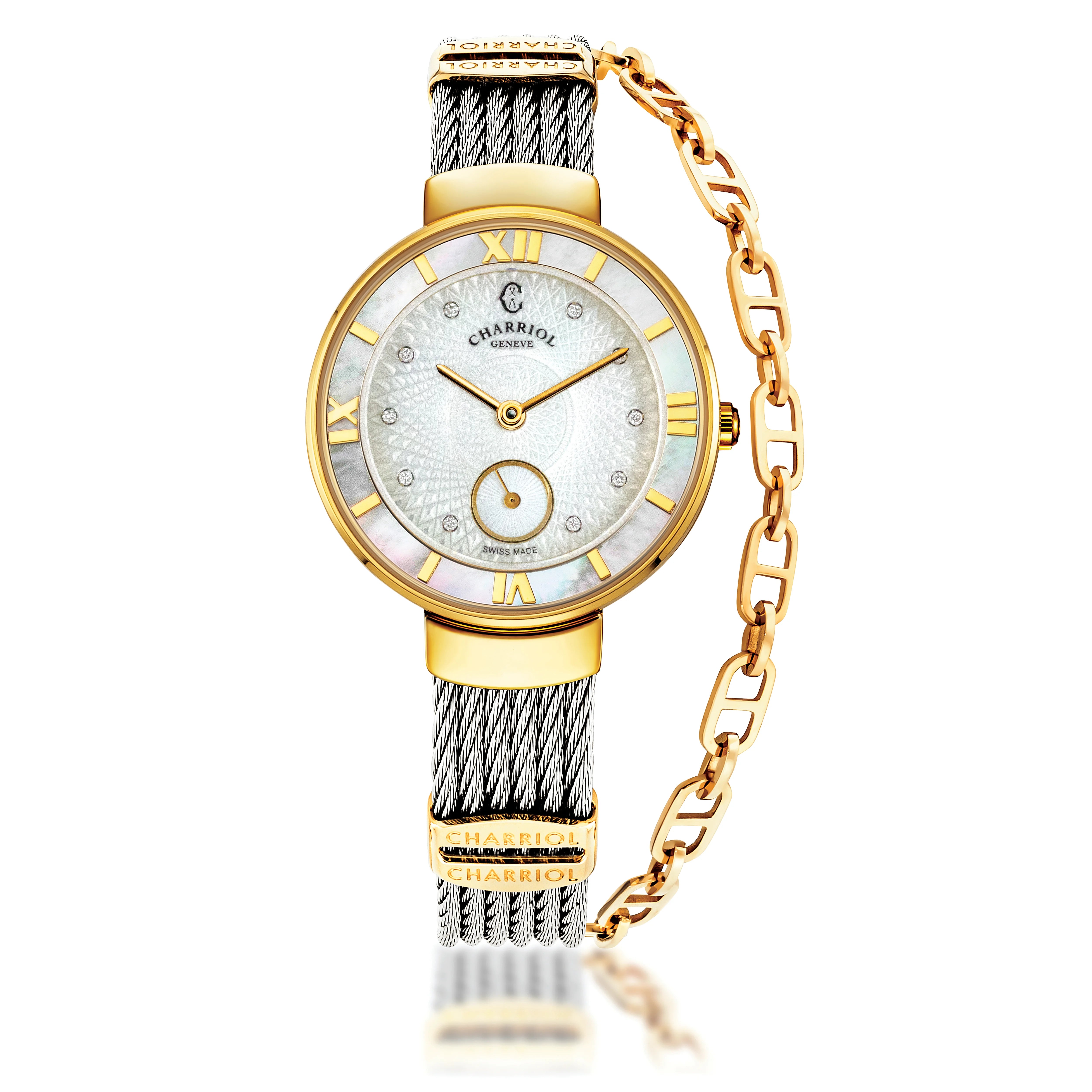 ST-TROPEZ® GUILLOCHE, 30MM, WHITE MOTHER-OF-PEARL WITH ROMAN NUMERAL BEZEL, WHITE GUILLOCHE MOTHER-OF-PEARL WITH 10 DIAMONDS DIAL, STEEL CABLE WITH YELLOW GOLD PVD DECORS BRACELET - ©2025 Philippe Charriol International Ltd. - Watch