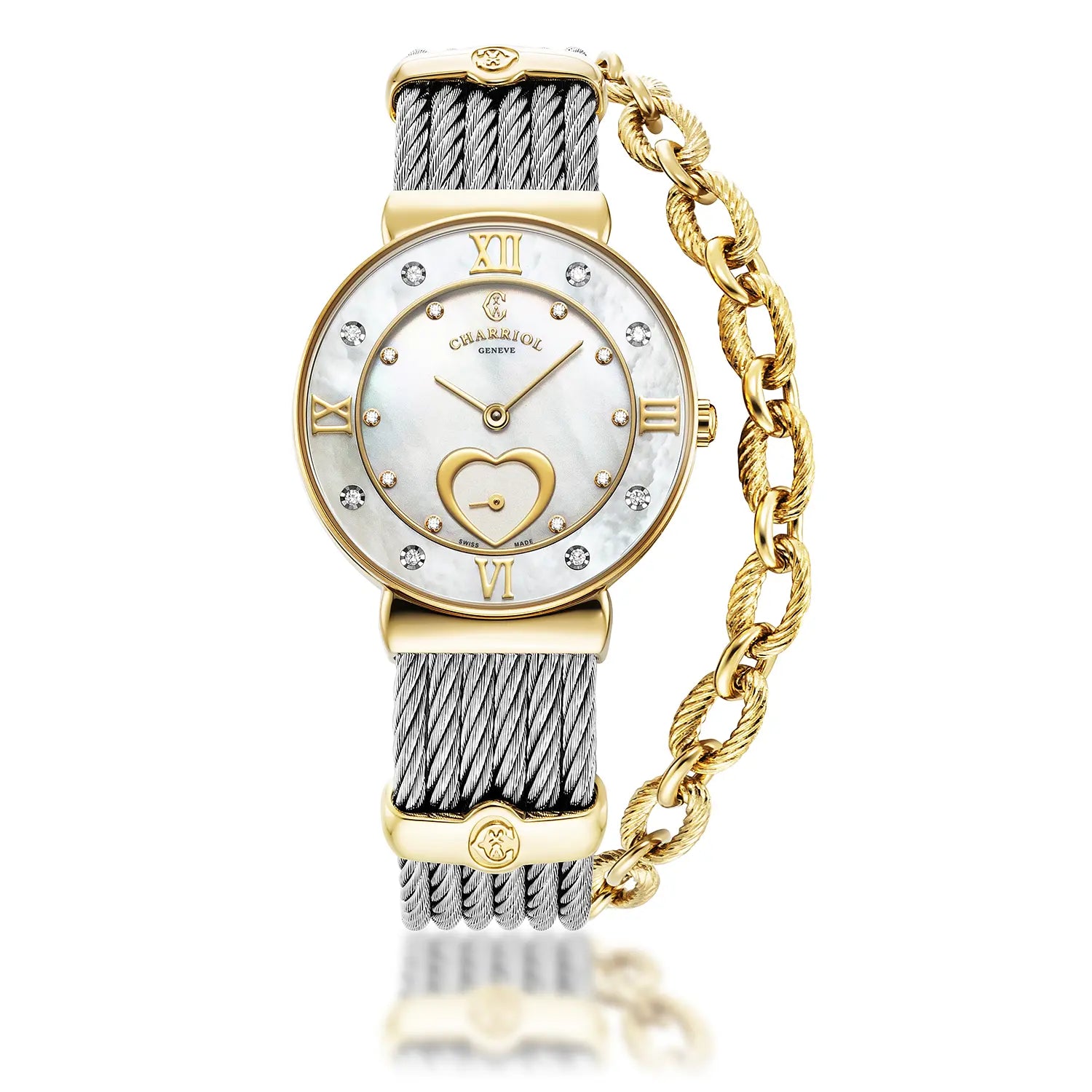 ST TROPEZ ICON, 30MM, QUARTZ CALIBRE, MOTHER-OF-PEARL HEART DIAL, MOTHER-OF-PEARL WITH 8 DIAMONDS BEZEL, STEEL CABLE BRACELET - Charriol Geneve - Watch