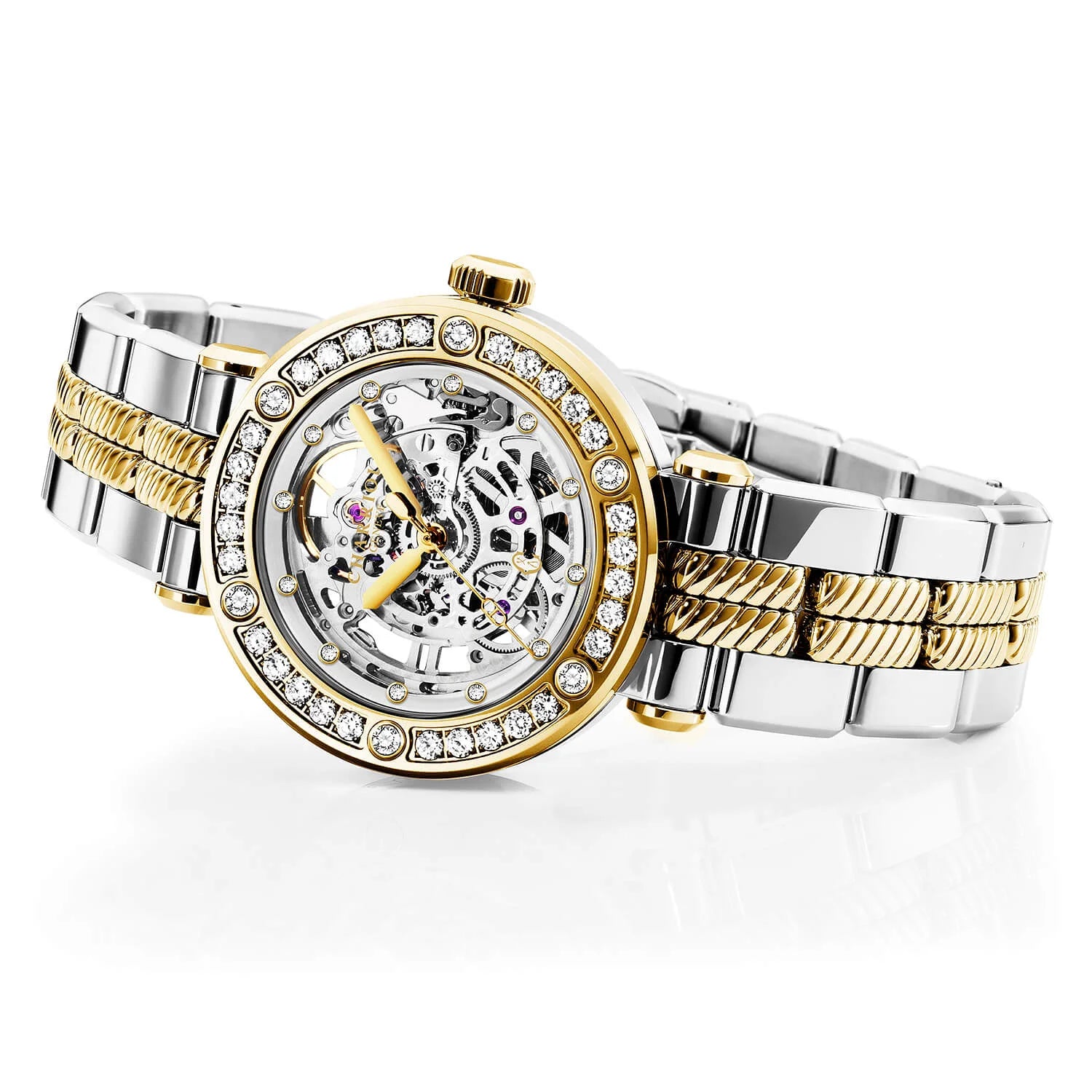 NAVIGATOR CRUISE36MM, CHARRIOL SKELETON CALIBRE AUTOMATIQUE, CRISTAL AVEC CADRAN INDEX DE 12 DIAMANTS, PVD OR JAUNE ACIER AVEC 30 DIAMANTS FULLCUTS & 6 DIAMANTS BEZEL, BRACELET INTERCHANGEABLE BICOLORE METALLIQUE - © 2024 Charriol - Montres