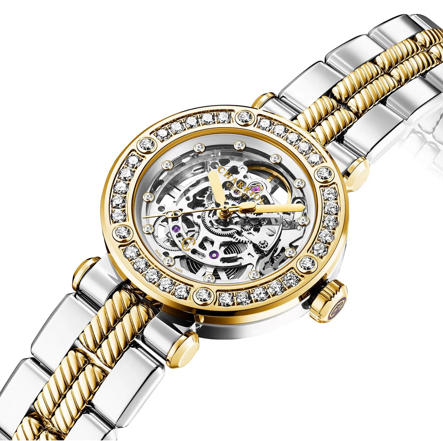 NAVIGATOR CRUISE36MM, CHARRIOL SKELETON CALIBRE AUTOMATIQUE, CRISTAL AVEC CADRAN INDEX DE 12 DIAMANTS, PVD OR JAUNE ACIER AVEC 30 DIAMANTS FULLCUTS & 6 DIAMANTS BEZEL, BRACELET INTERCHANGEABLE BICOLORE METALLIQUE - © 2024 Charriol - Montres