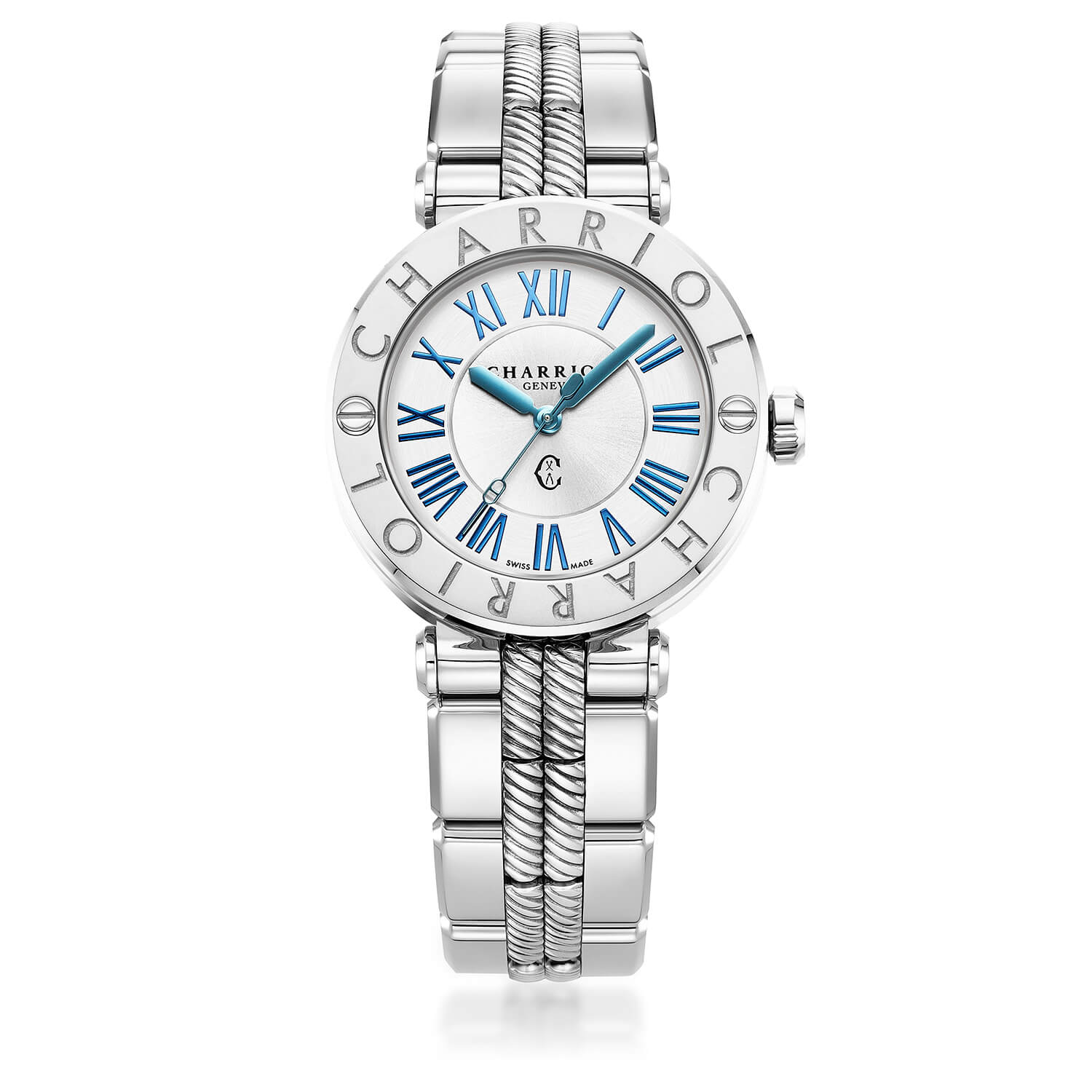 NAVIGATOR CRUISE, 36MM, QUARTZ CALIBRE, WHITE MOTHER-OF-PEARL WITH 12 ROMAN FIGURES DIAL, STEEL "CHARRIOL CHARRIOL" WITH 2 SCREWS BEZEL, METAL INTERCHANGEABLE BRACELET - © 2024 Charriol -  Watch