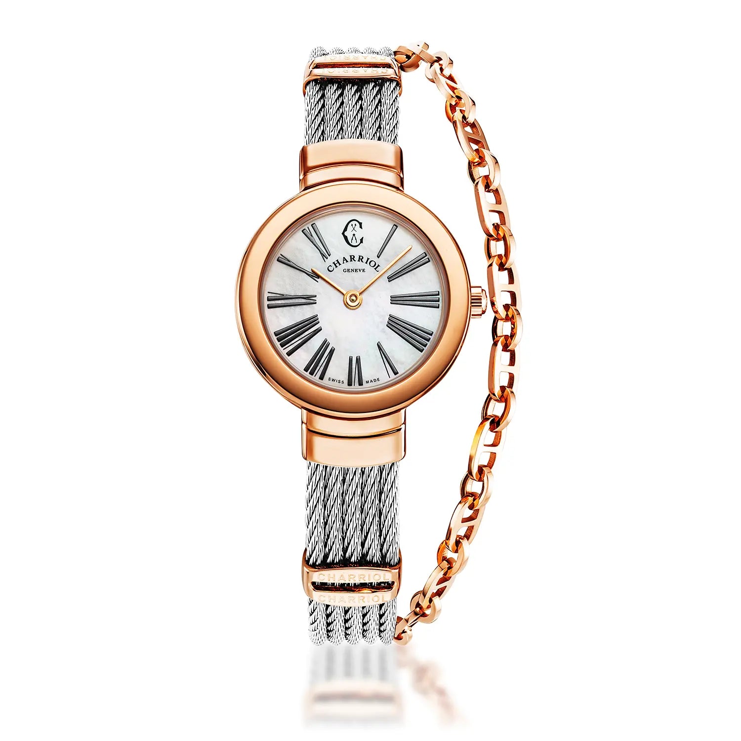 ST TROPEZCALIBRE QUARTZ, CADRAN NACRE, PVD OR ROSE, BRACELET CABLE ACIER - Charriol Geneve - Montres