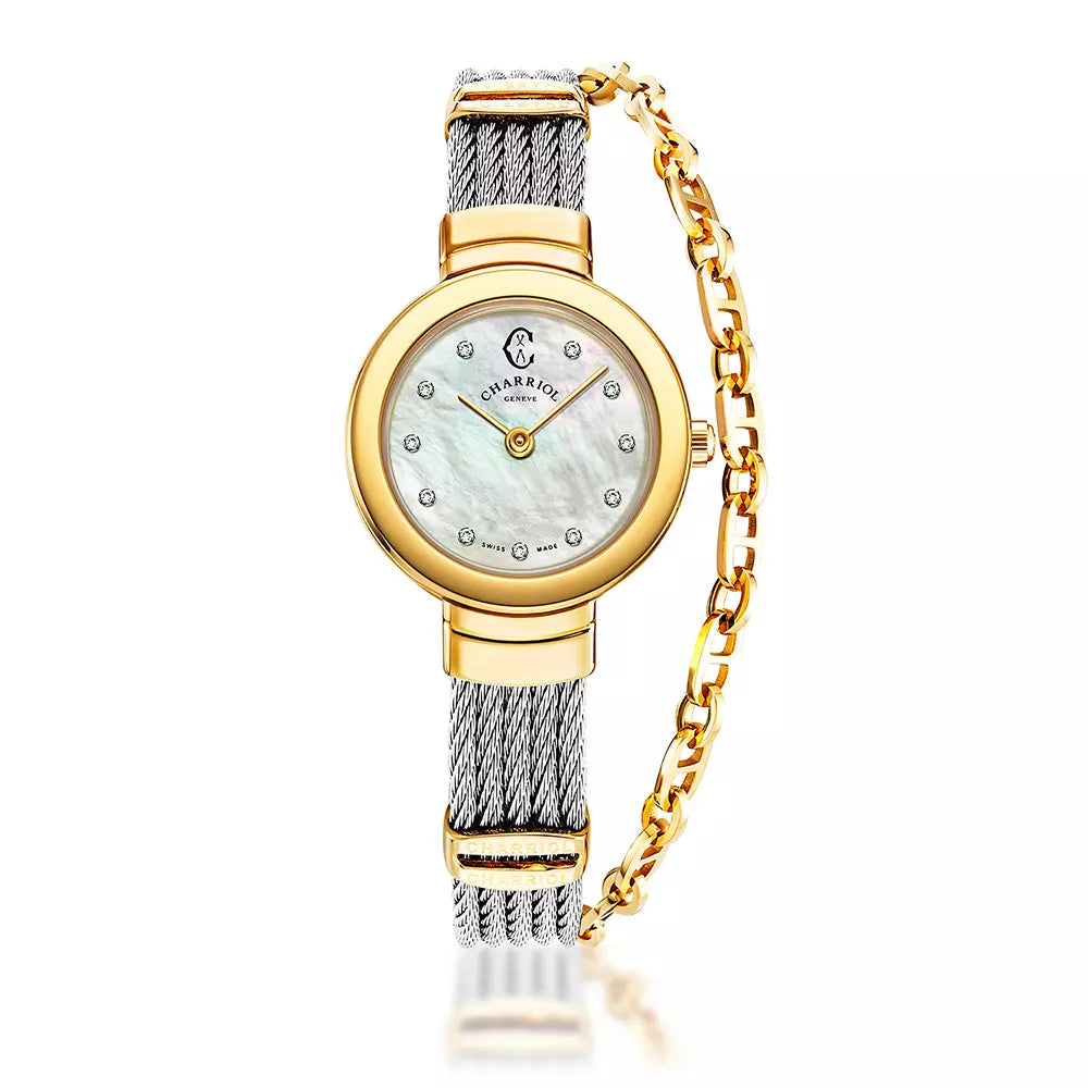 ST TROPEZCALIBRE QUARTZ, NACRE AVEC 11 DIAMANTS, BEZEL PVD OR JAUNE, BRACELET CABLE ACIER, 25MM - Charriol Geneve - Montres