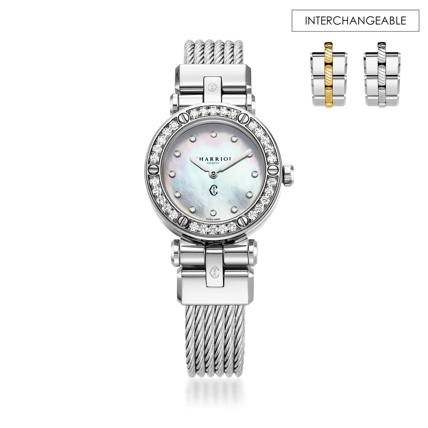 NAVIGATOR CRUISECALIBRE QUARTZ, NACRE AVEC CADRAN 12 DIAMANTS, BAGUE 30 DIAMANTS, BRACELET INTERCHANGEABLE CABLE ACIER, 28MM - Charriol Geneve - Montres