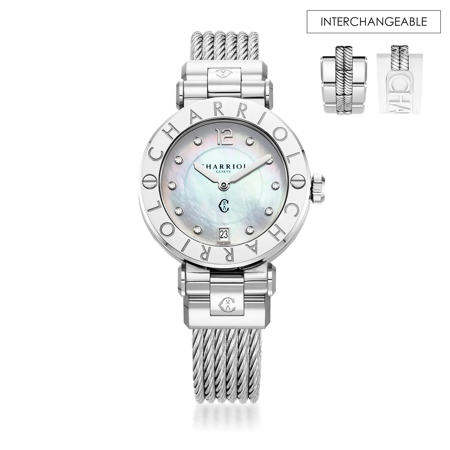 NAVIGATOR CRUISE36MM, CALIBRE QUARTZ, NACRE AVEC DIAMANT 10, BEZEL "CHARRIOL CHARRIOL ", BRACELET INTERCHANGEABLE CABLE ACIER - Charriol Geneve - Montres