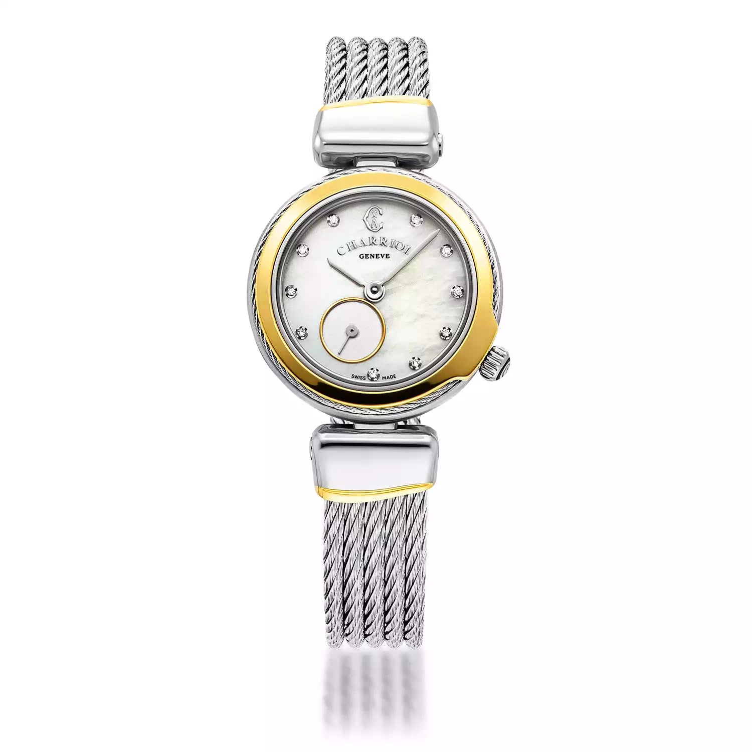 CELTIC LEGACYCALIBRE QUARTZ, NACRE AVEC 10 DIAMANTS, BEZEL PVD OR JAUNE, BRACELET CABLE ACIER, 24MM - Charriol Geneve - Montres