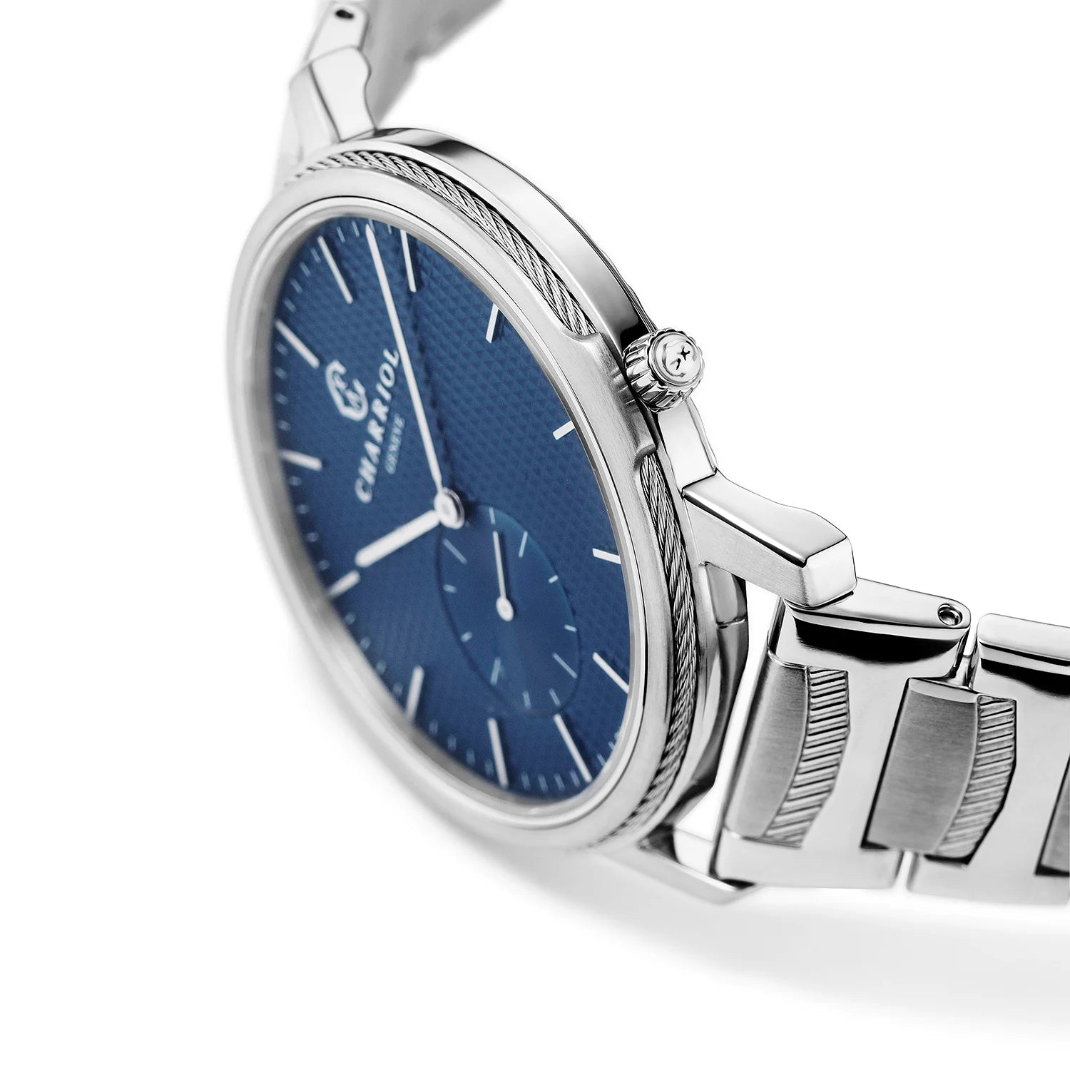CELTIC LEGACYMontre de poche, 40MM, CALIBRE QUARTZ, CADRAN BLEU "CLOUS DE PARIS", ZONE ACIER, BRACELET ACIER - Charriol Geneve - Montres