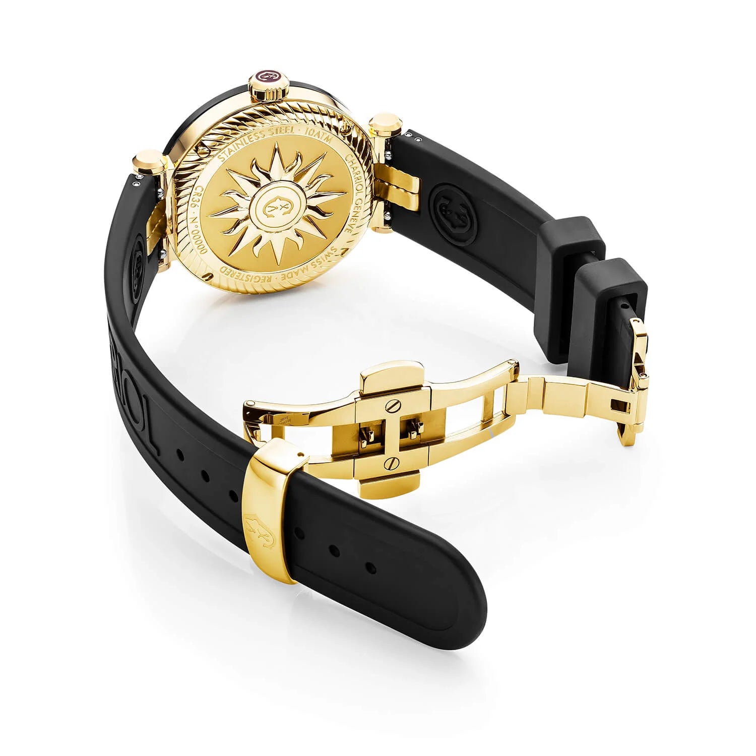 NAVIGATOR CRUISE, 36MM, QUARTZ CALIBRE, BLACK WITH YELLOW ARABIC AND 10 INDEX DIAL, STEEL BLACK PVD WITH 2 YELLOW GOLD PVD SCREWS, BLACK RUBBER INTERCHANGEABLE BRACELET WITH YELLOW GOLD PVD ATTACHED - © 2024 Charriol -  Watch