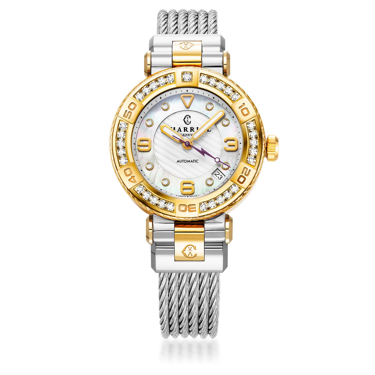 NAVIGATOR SURF, 36MM, CALIBRE AUTOMATIQUE, NACRE BLANCHE ET ARGENT AVEC CADRAN DE 8 DIAMANTS, PVD OR JAUNE ACIER AVEC 30 DIAMANTS CLEAR CUT ET 6 DIAMANTS CLEAR CUT BEZEL, BRACELET CABLE INTERCHANGEABLE ACIER AVEC PVD OR JAUNE ATTACHÉ - © 2024 Charriol - Montres