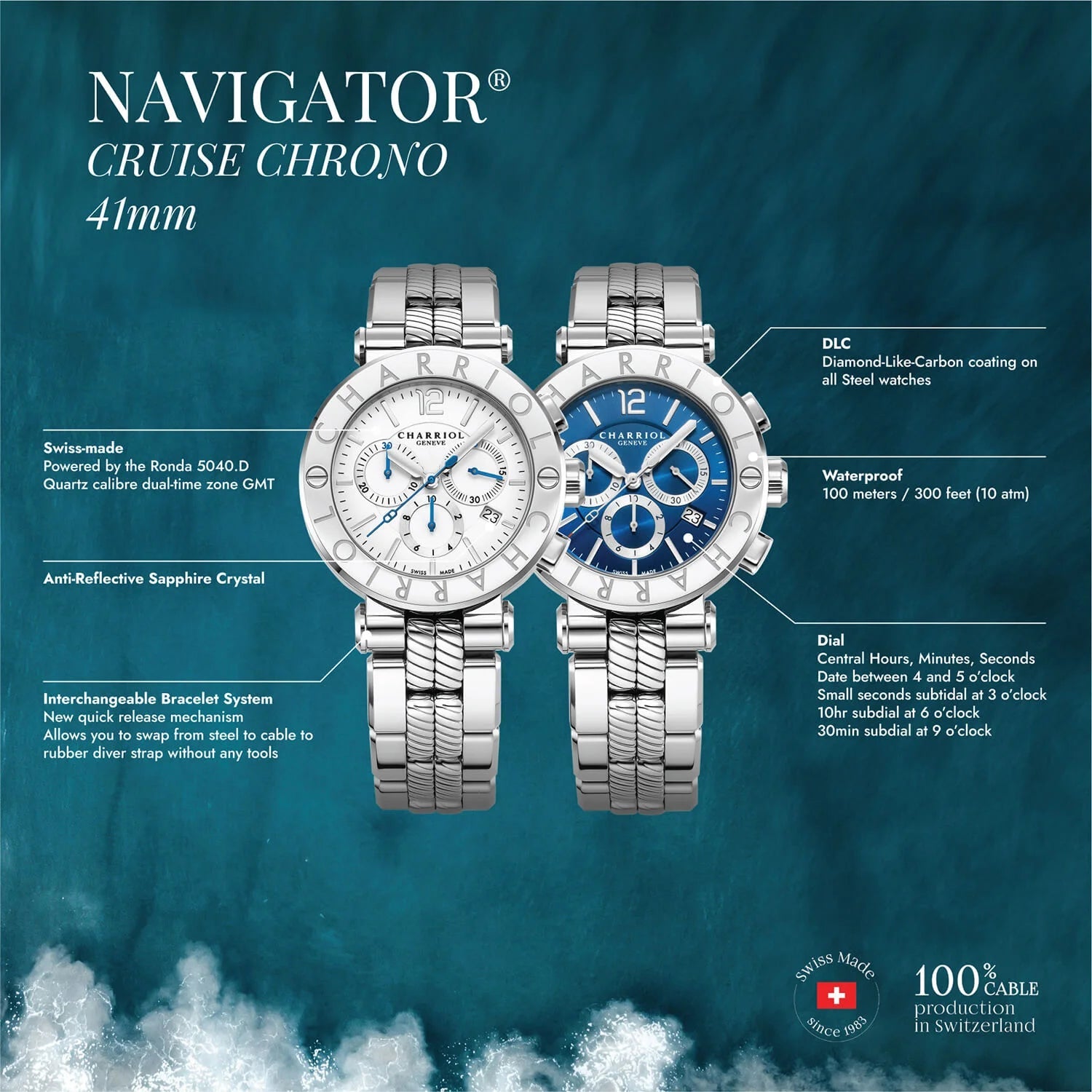 NAVIGATOR CRUISE41MM, CALIBRE CHRONOGRAPHIQUE QUARTZ, CADRAN BLANC, BEZEL "CHARRIOL CHARRIOL ", BRACELET INTERCHANGEABLE EN ACIER - Charriol Geneve - Montres