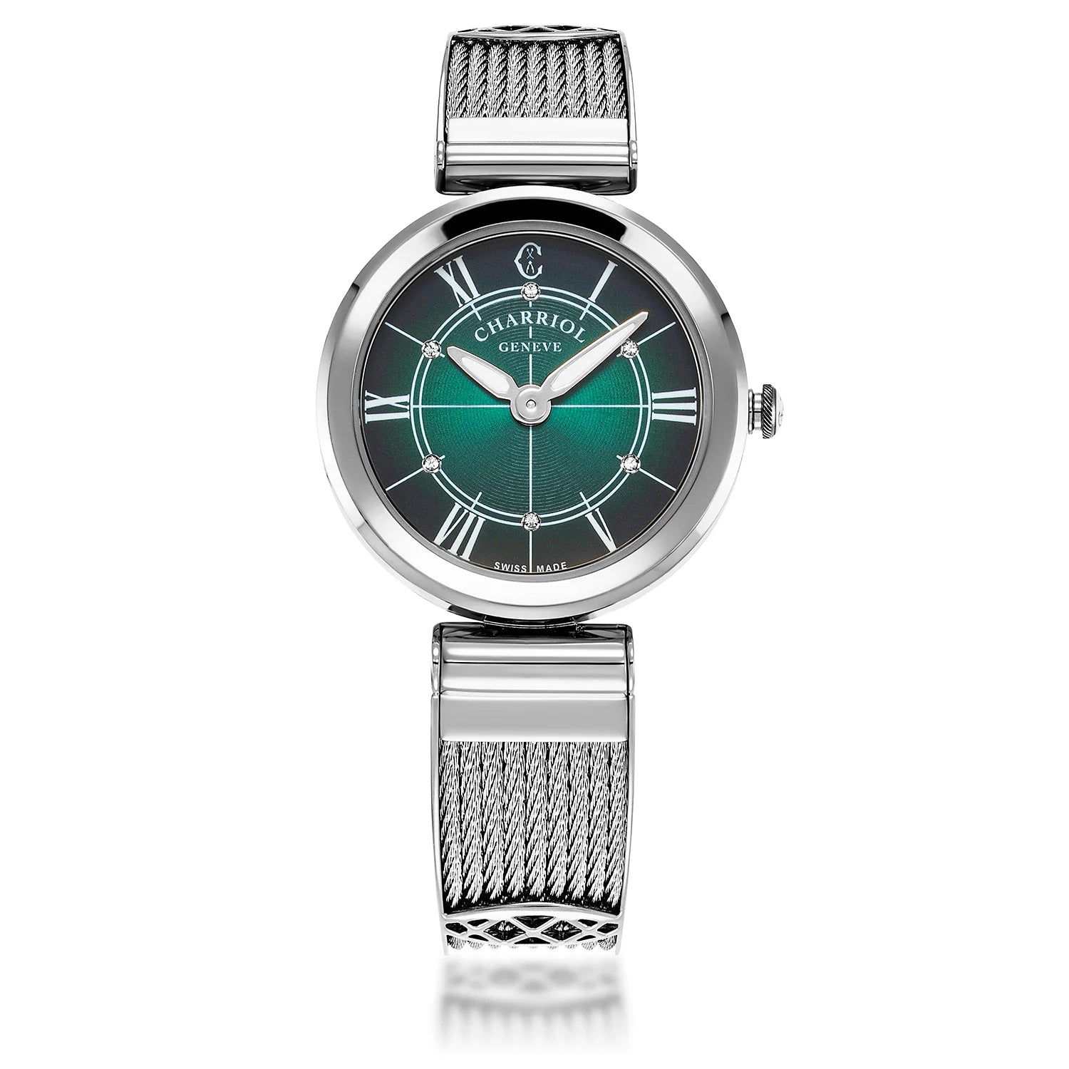 FOREVERCALIBRE QUARTZ, CADRAN VERT, ZONE ACIER, BRACELET CABLE ACIER, 32MM - Charriol Geneve - Montres