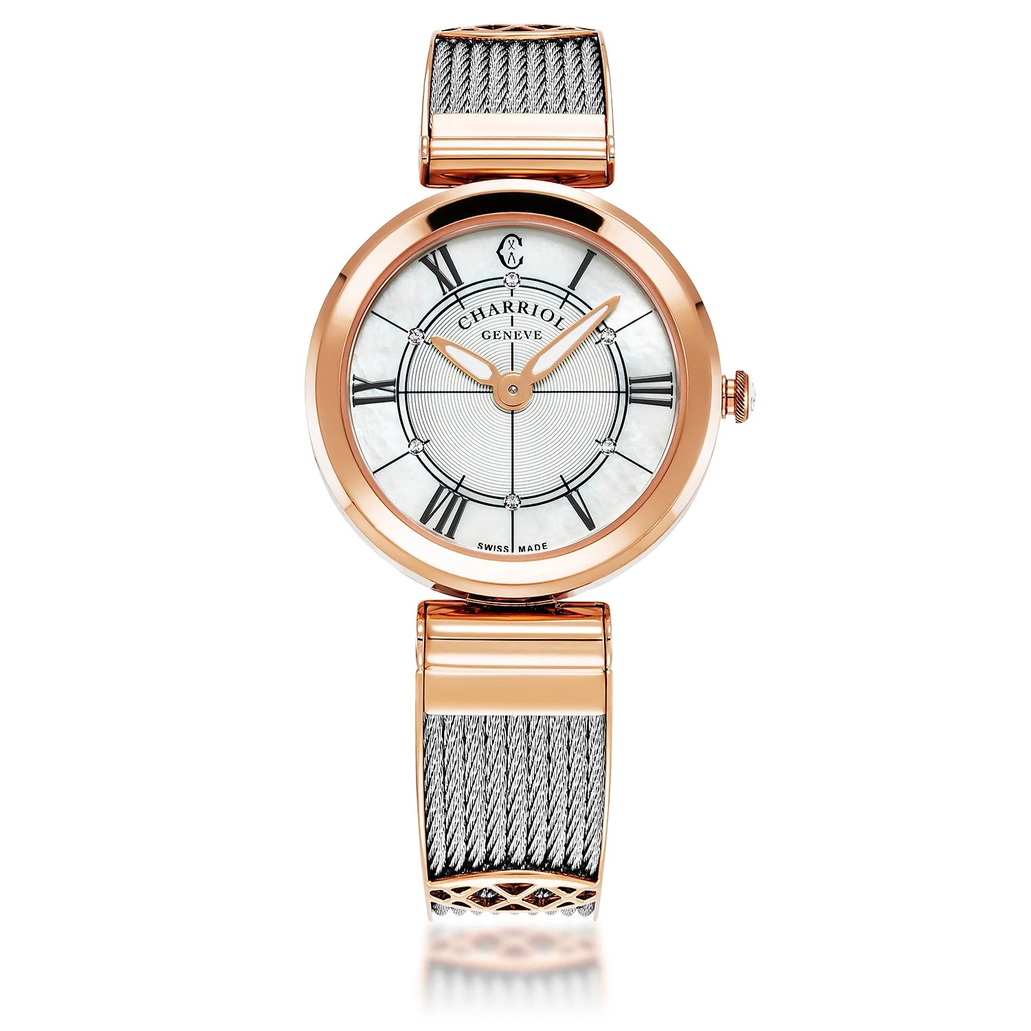 FOREVERCALIBRE QUARTZ, CADRAN NACRE, PVD OR ROSE, BRACELET CABLE ACIER - Charriol Geneve - Montres