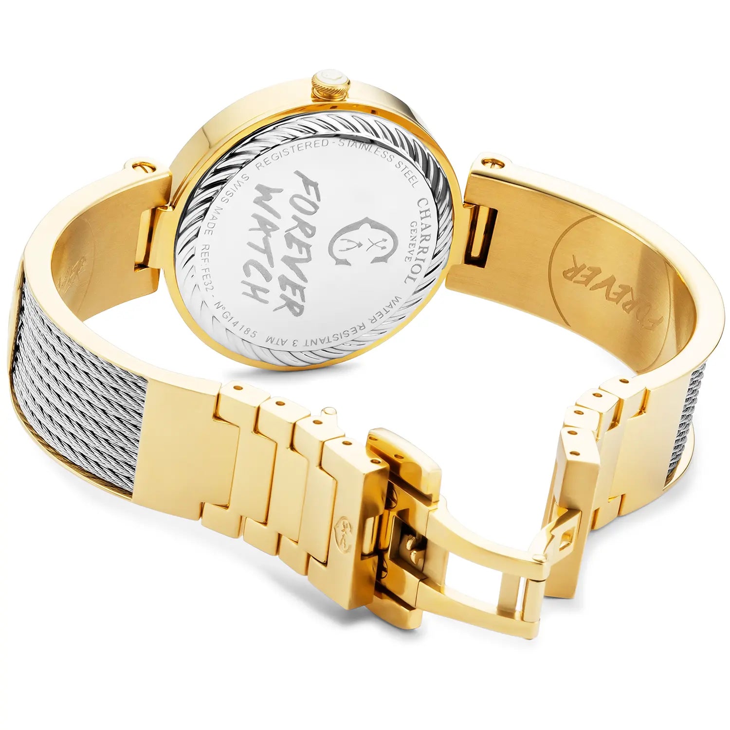 FOREVERCALIBRE QUARTZ, CADRAN NACRE, PVD OR JAUNE, BRACELET CABLE ACIER - Charriol Geneve - Montres