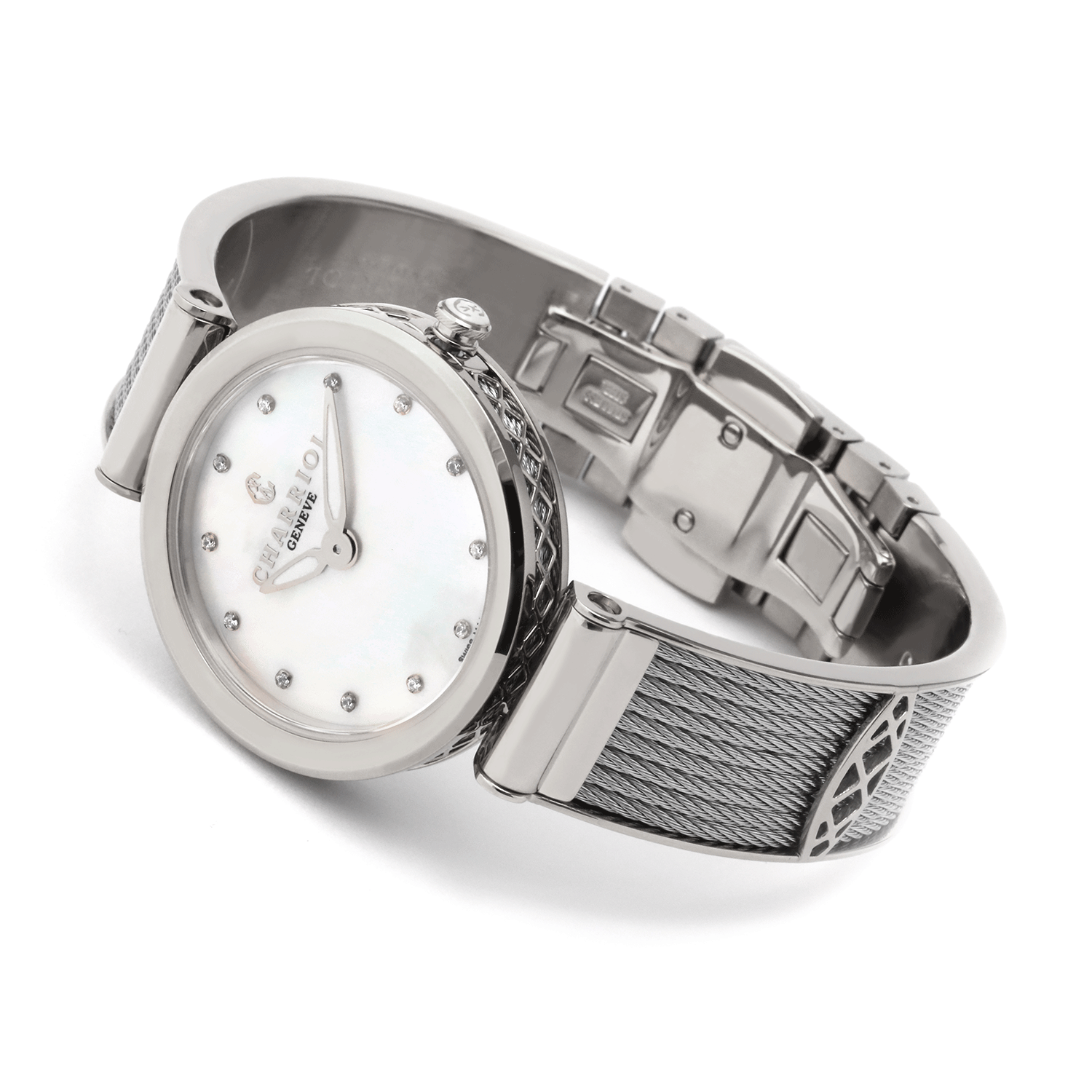 FOREVER32MM, CALIBRE QUARTZ, NACRE BLANCHE AVEC CADRAN 12 SIMILIS, BAGUE ACIER, BRACELET CABLE ACIER - © 2024 Charriol - Montres