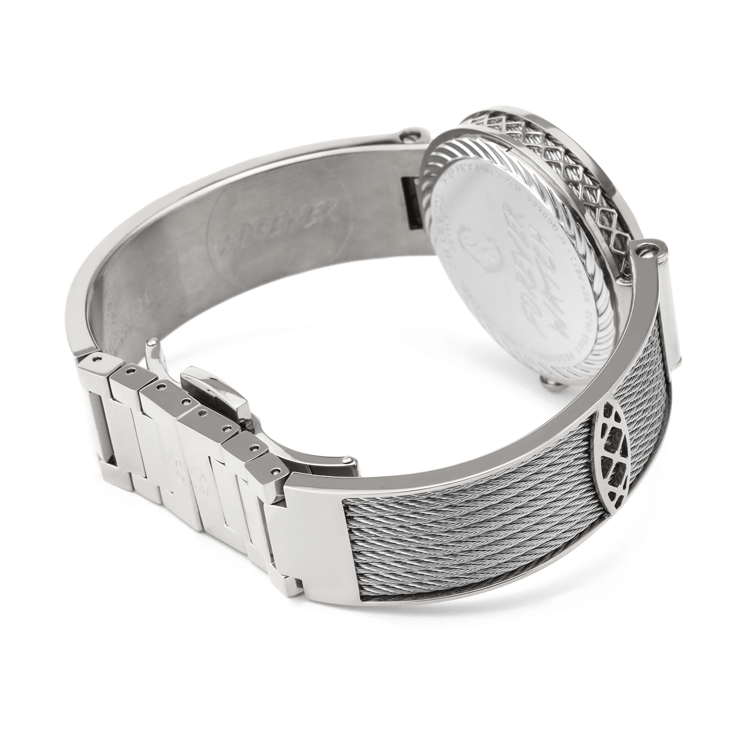 FOREVER32MM, CALIBRE QUARTZ, NACRE BLANCHE AVEC CADRAN 12 SIMILIS, BAGUE ACIER, BRACELET CABLE ACIER - © 2024 Charriol - Montres