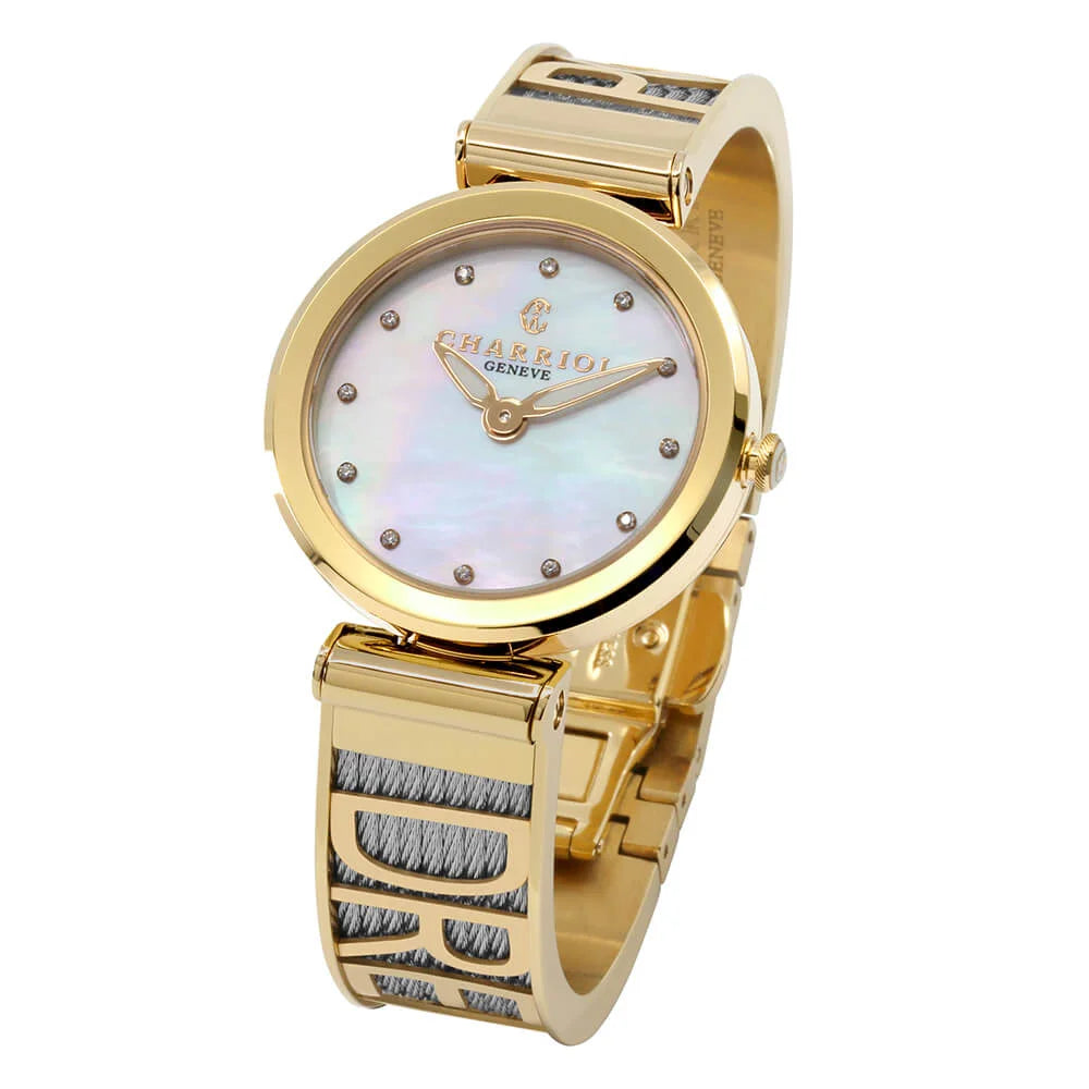 FOREVER YOURS, 32MM, CALIBRE QUARTZ, NACRE AVEC CADRAN 12 DIAMANTS, BEZEL PVD OR JAUNE, BRACELET CABLE ACIER - Charriol Geneve - Montres