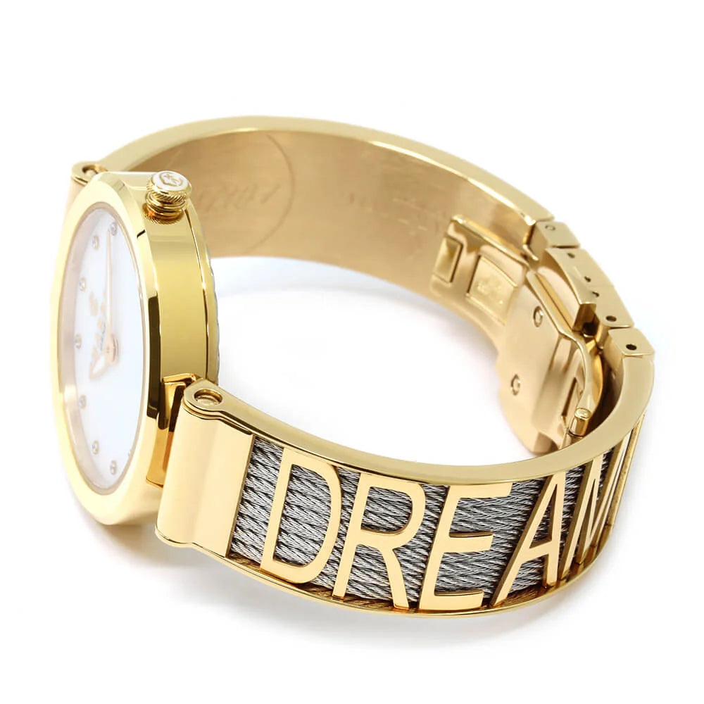 FOREVER YOURS, 32MM, CALIBRE QUARTZ, NACRE AVEC CADRAN 12 DIAMANTS, BEZEL PVD OR JAUNE, BRACELET CABLE ACIER - Charriol Geneve - Montres