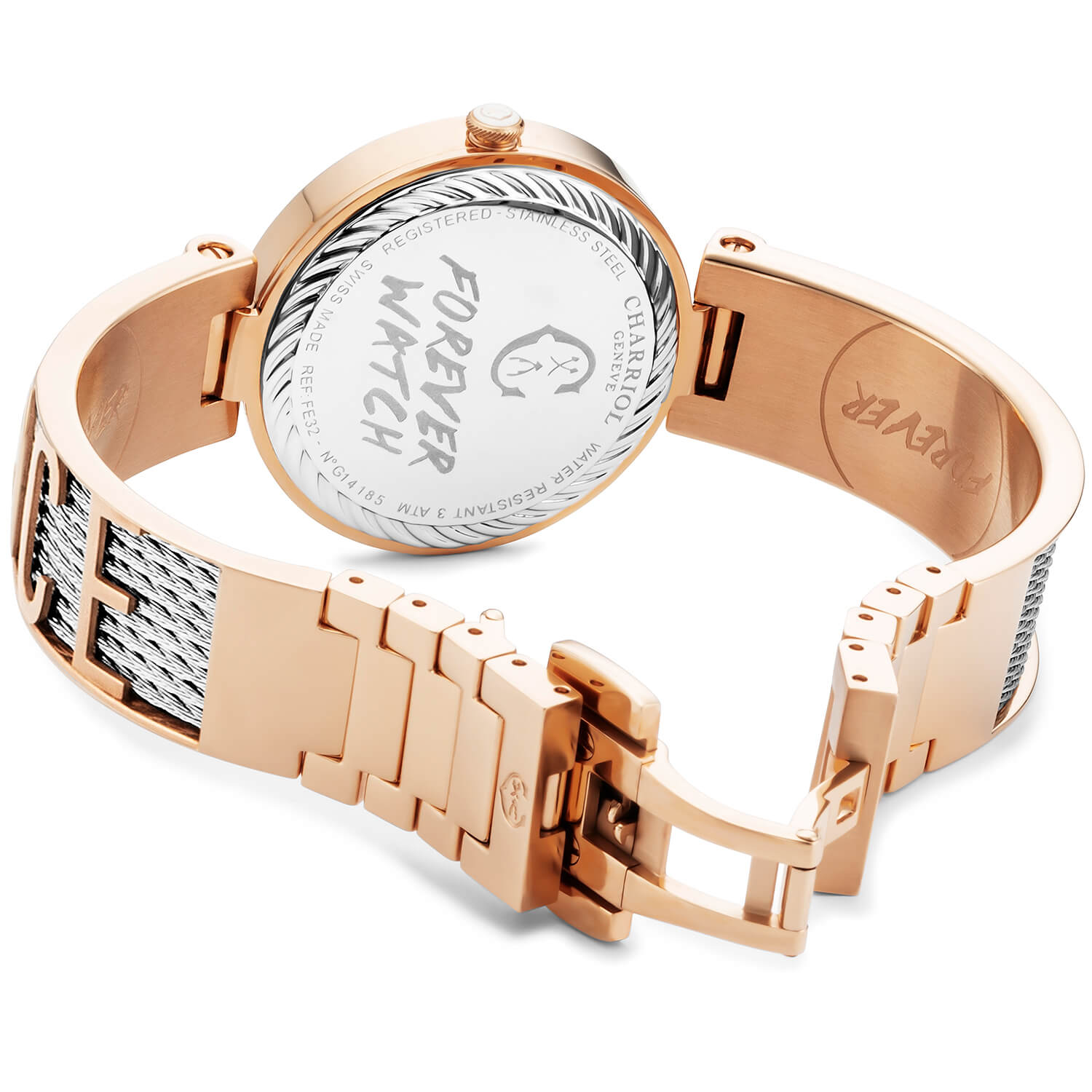 FOREVER YOURS, 32MM, CALIBRE QUARTZ, NACRE AVEC CADRAN 12 DIAMANTS, BEZEL PVD OR ROSE, BRACELET CABLE ACIER - Charriol Geneve - Montres